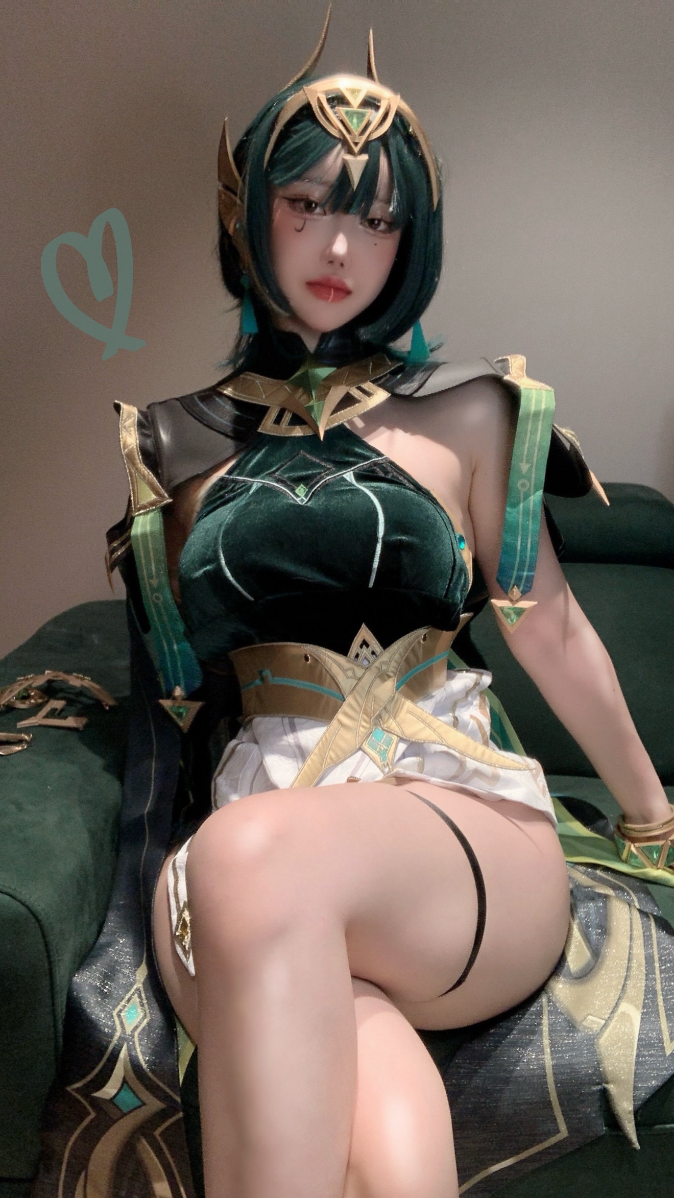 1girl asian cosplay evawxsh genshin_impact green_hair legs_crossed nefer_(genshin impact) sitting solo thighs