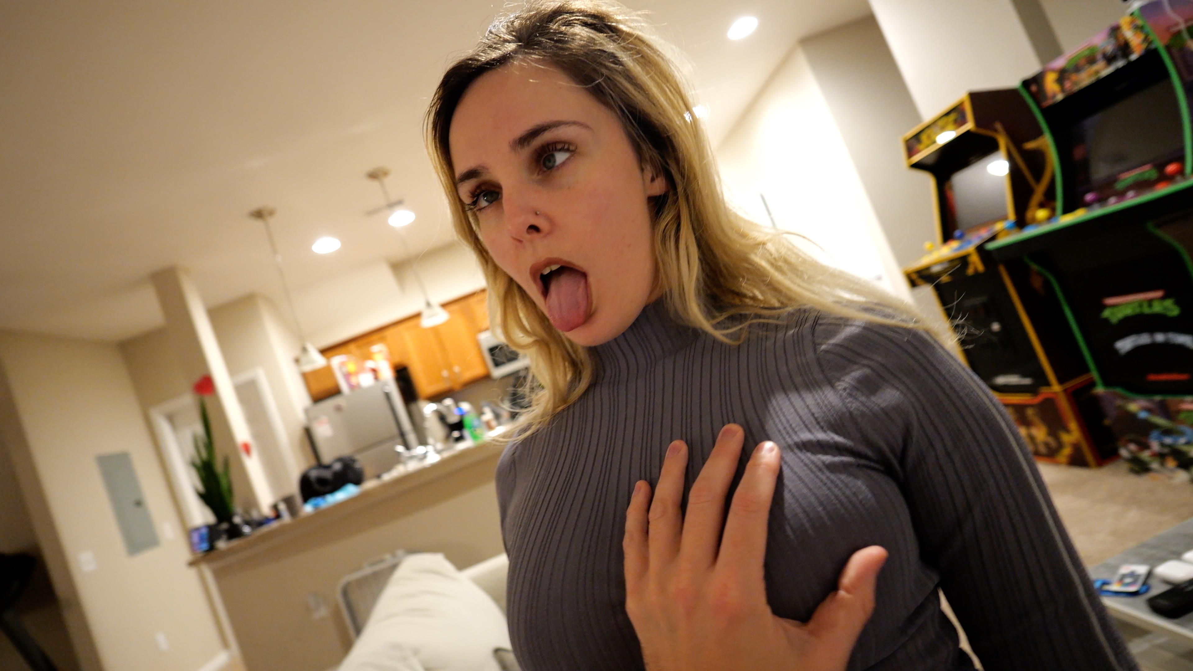 absurdres actress ahegao alisha_benz arcade_machine blonde_hair breast_grab brown_eyes brown_hair femsub girlsgonehypnotized grabbing_breast highres huge_breasts huge_tits human_puppet human_sex toy hypnosis hypnotized kitchen long_hair male_pov maledom mind_control molestation molesting open_mouth pornstar rubbing_breast sex_doll sweater tongue_out unawae