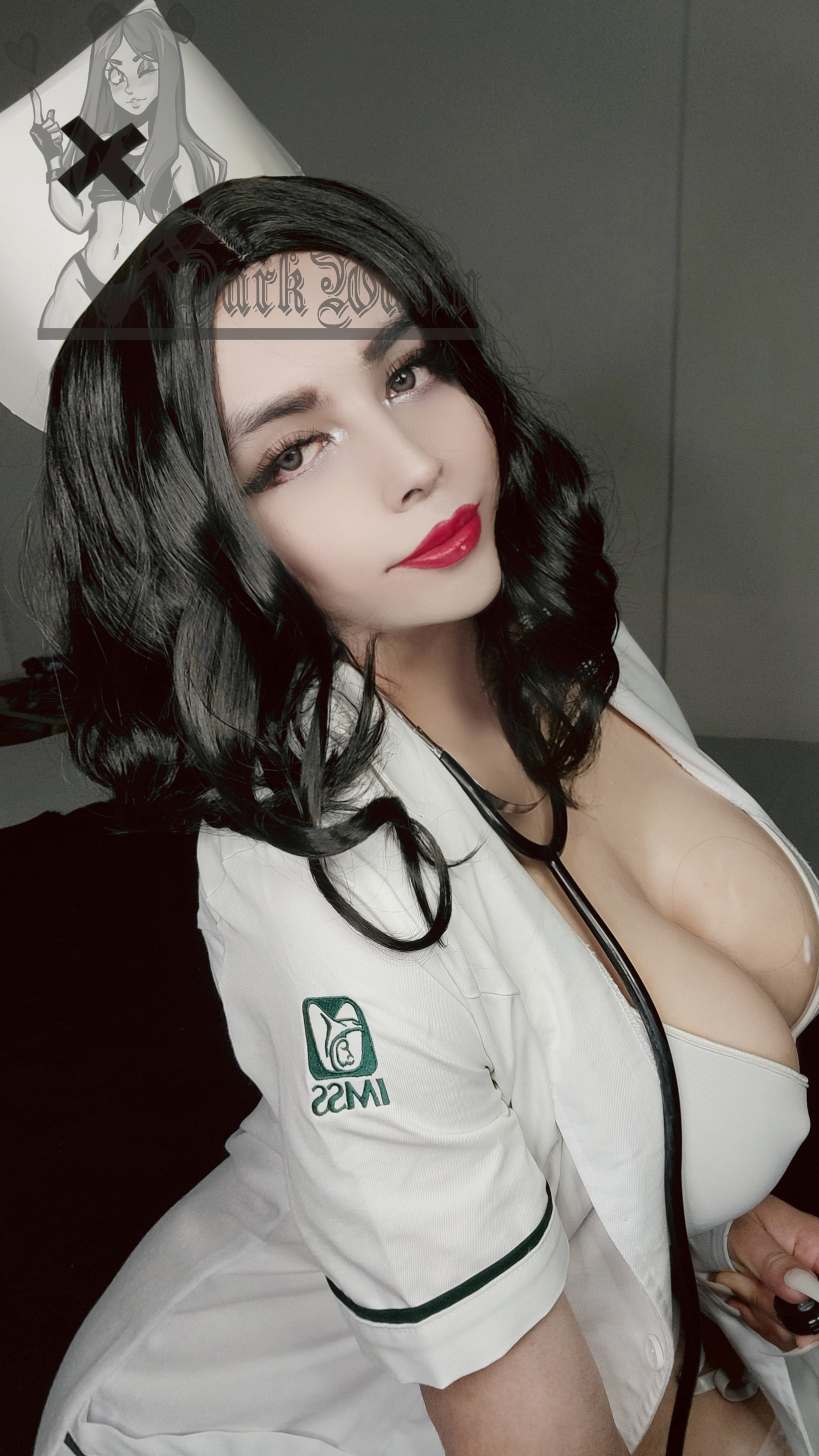 1boy big_breasts black_hair bra breasts cleavage darkwaifutrap fake_nails femboy feminine hat lipstick long_hair looking_at viewer male male_focus male_only male_solo nurse nurse_cap nurse_outfit nurse_uniform selfie sitting solo text trap watermark