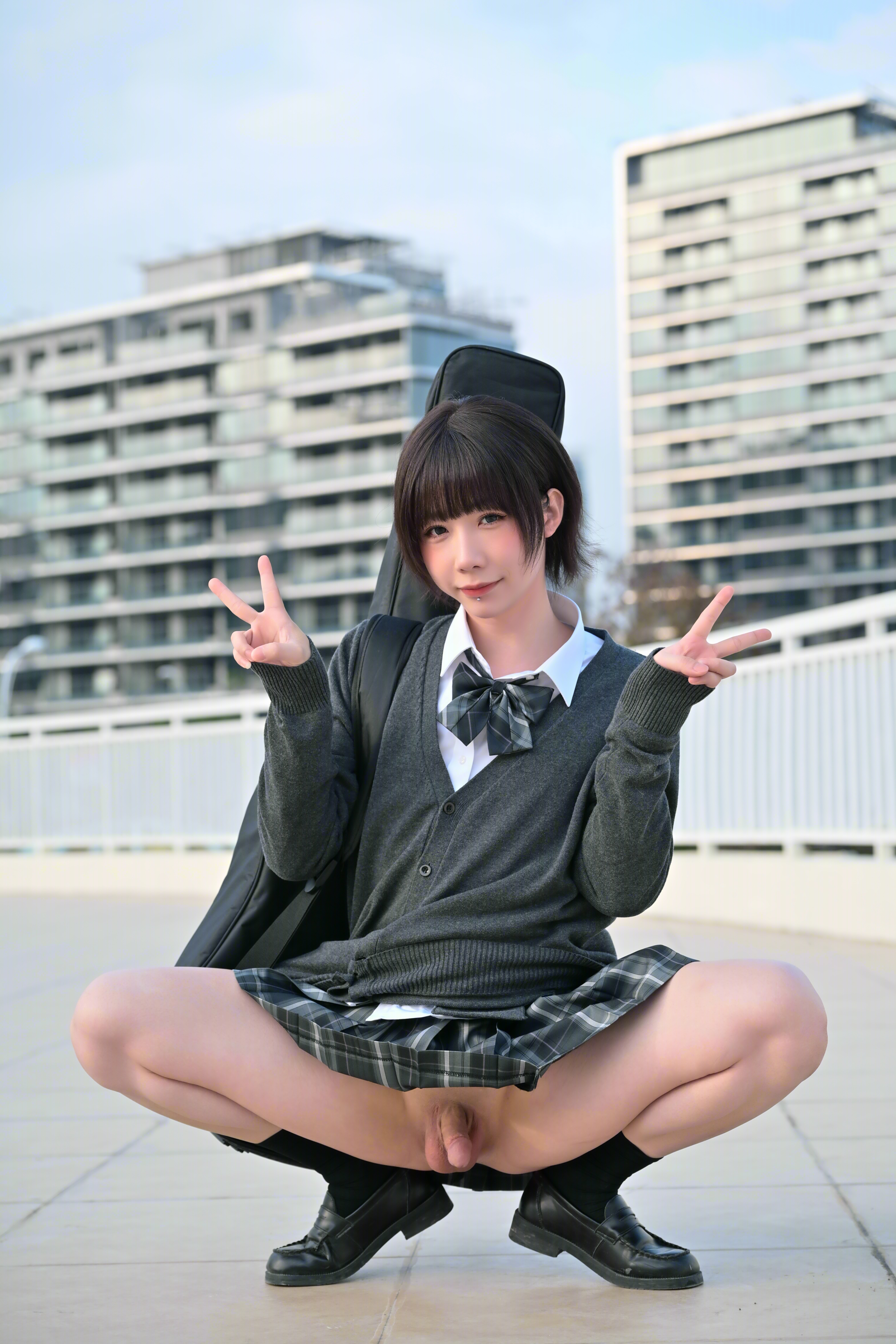 1boy asian bottomless brown_hair brunette chinese crossdresser femboy feminine flaccid izayoirui lip_piercing lipstick long_hair looking_at viewer makeup male male_focus male_only male_solo outside peace_sign penis piercing presenting_ass public shoes skirt small_penis socks solo spread_legs squatting testicles trap