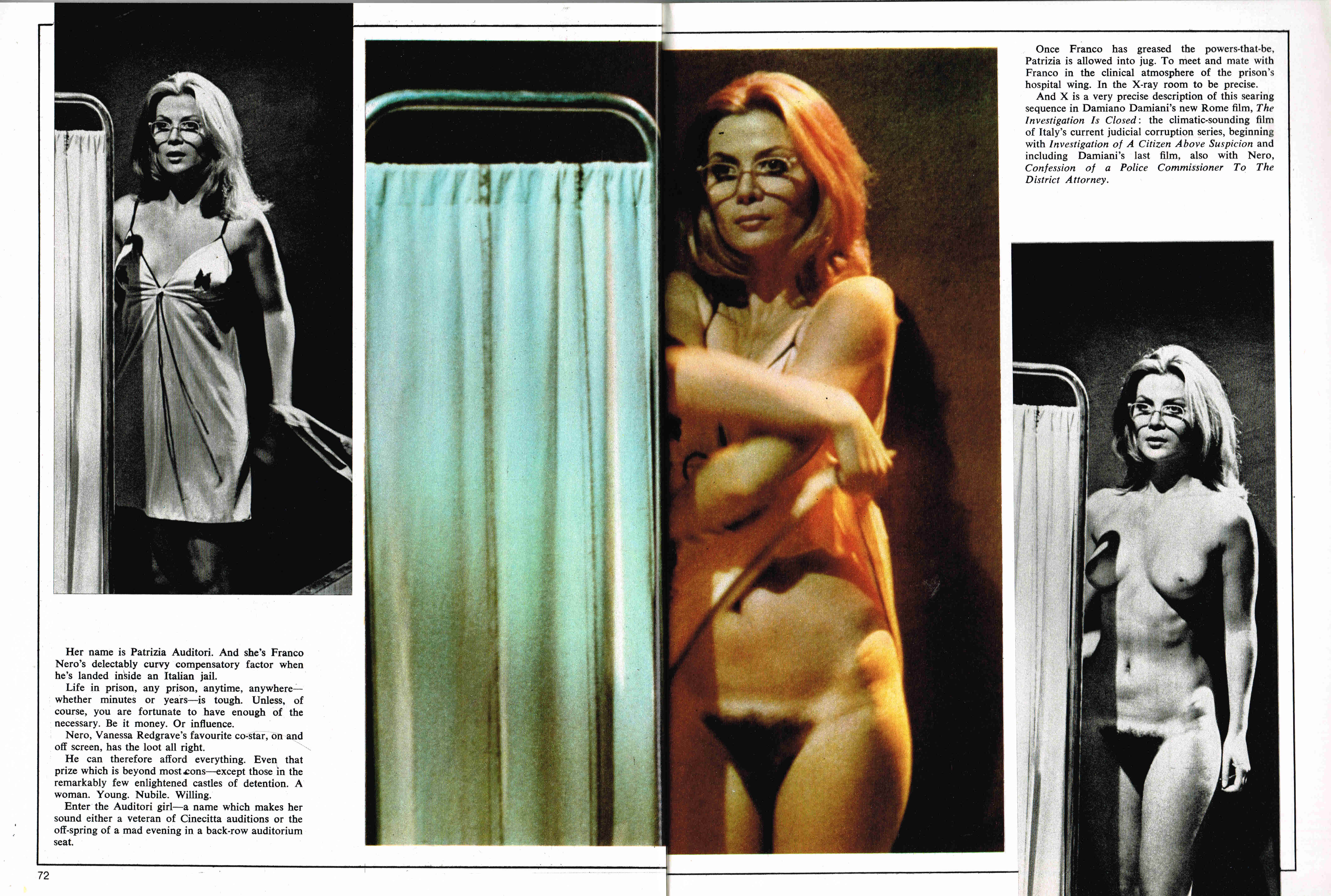 absurdres acting actress bare_shoulders behind_the scenes cleavage collarbone colored copyright_request crossed_arms erect_nipples glasses greyscale hard_translated heavenly_body highres huge_breasts huge_tits interview magazine magazine_page navel nightgown nurse patrizia_adiutori removing_clothing standing text translated undressing wide_hips wide_thighs