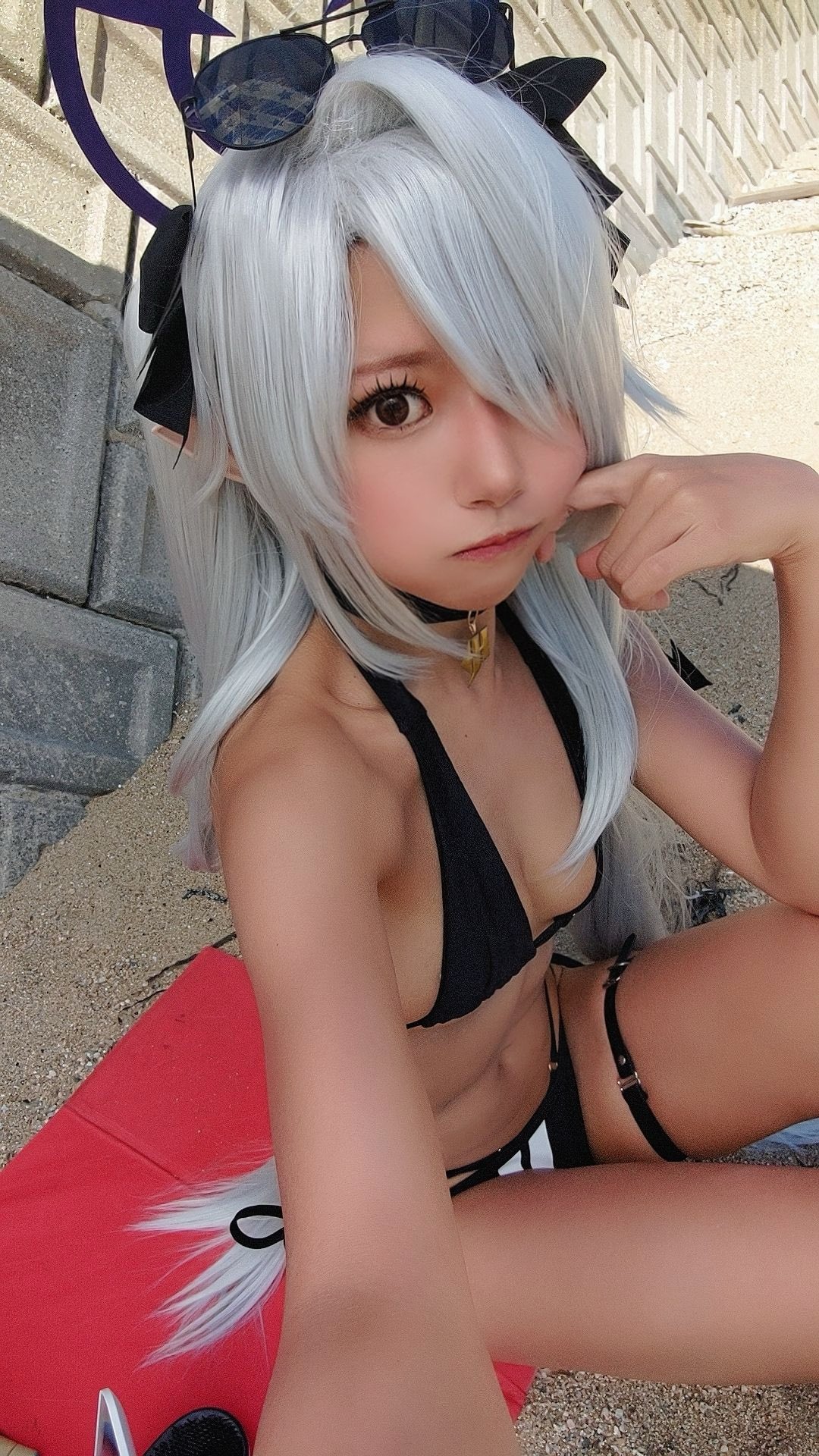 1girl 4ip_3ip absurdres alcohol arm_support asian asian_female bikini blue_archive breasts choker cosplay demon_girl eyewear_on head grey_hair hair_over one eye halo halterneck highres iori_(blue archive) long_hair looking_at viewer pointy_ears purple_halo real_life red_eyes sandals side-tie_bikini bottom sitting small_breasts solo sunglasses swimsuit tail thigh_strap thighs very_long hair