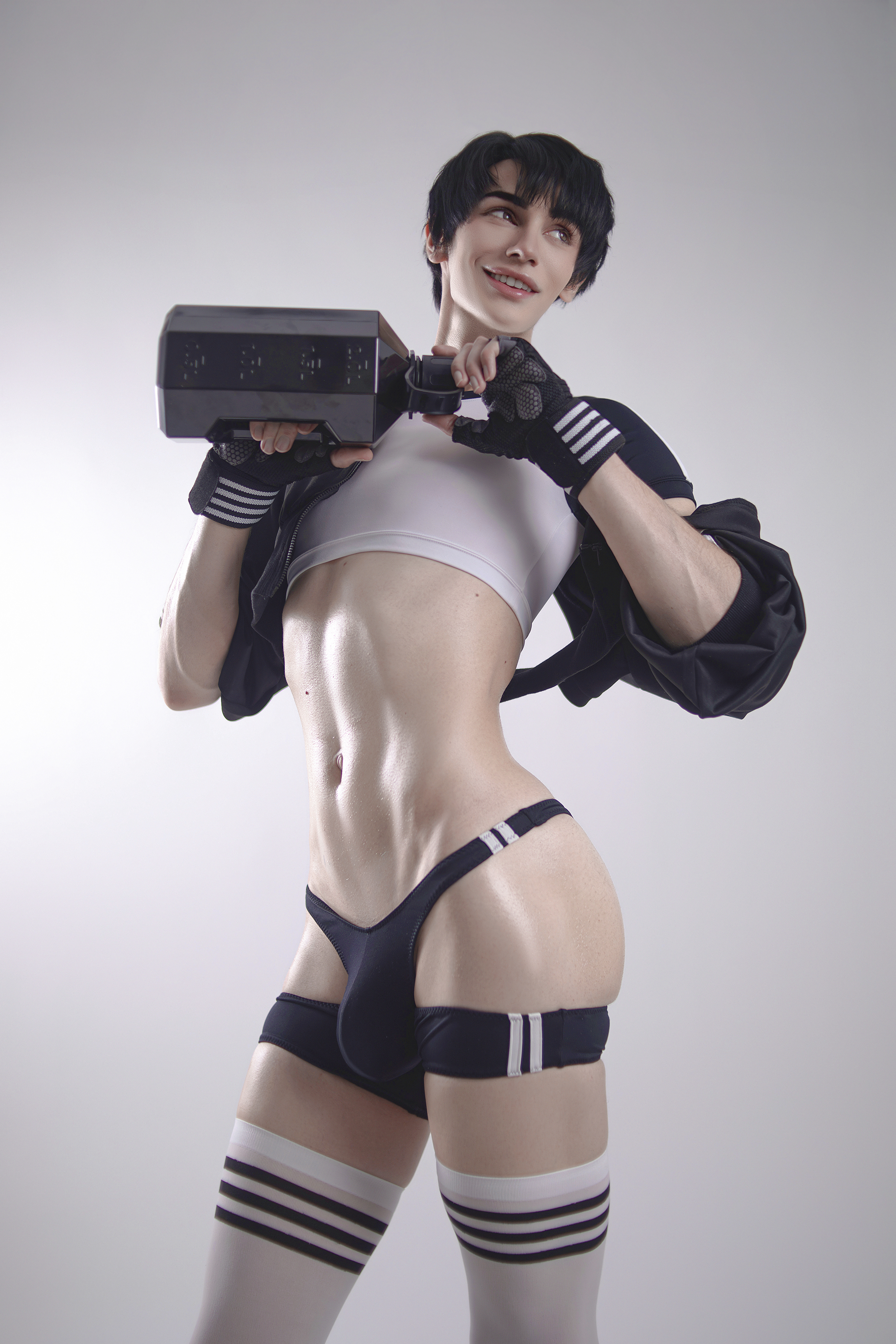 1boy black_hair crop_top femboy fingerless_gloves gay looking_away male male_only navel non-nude shunsukecos simple_background solo solo_male sourced standing thighhighs thong