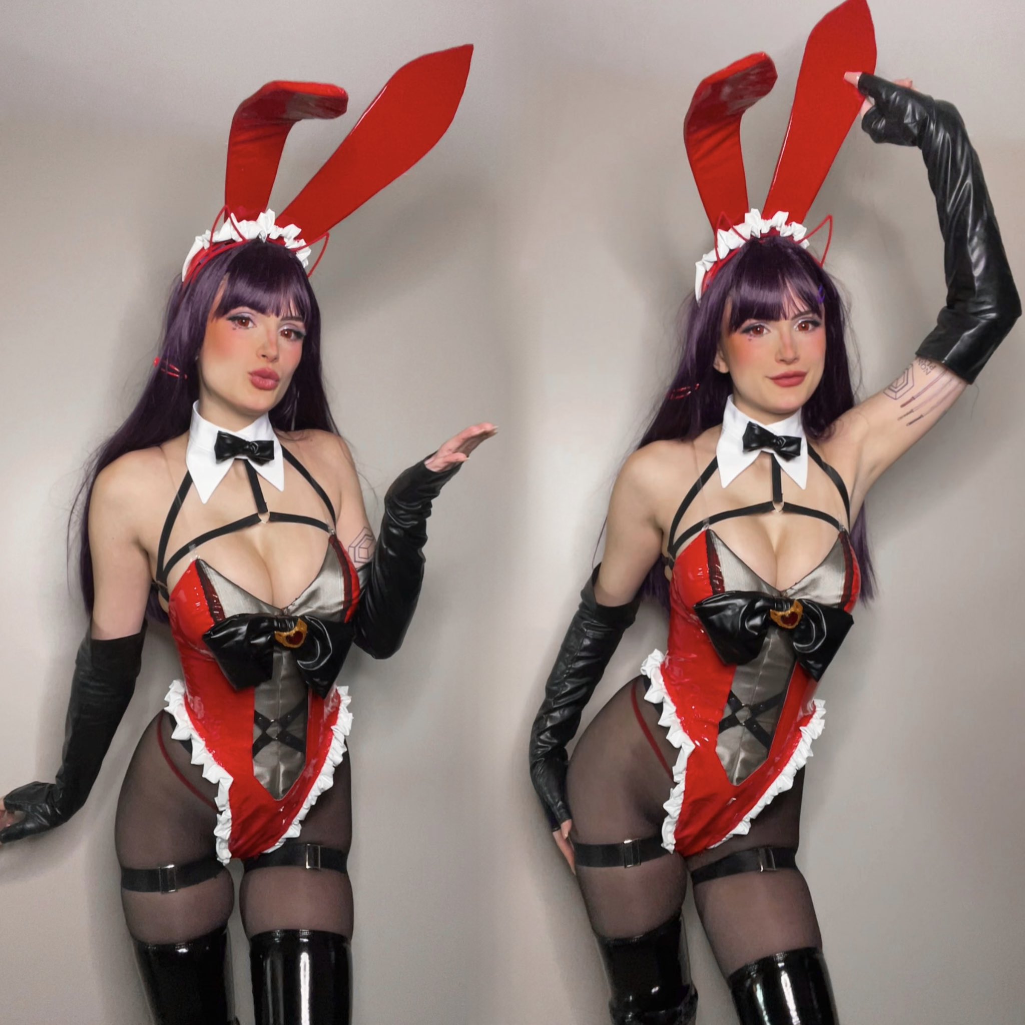 1girl akuma_nihmune (character) armpits bare_shoulders breasts bunny_ears bunny_girl cleavage cosplay female female_only kantasy looking_at viewer purple_hair pursed_lips simple_background solo split_screen thighs tits virtual_youtuber vtuber