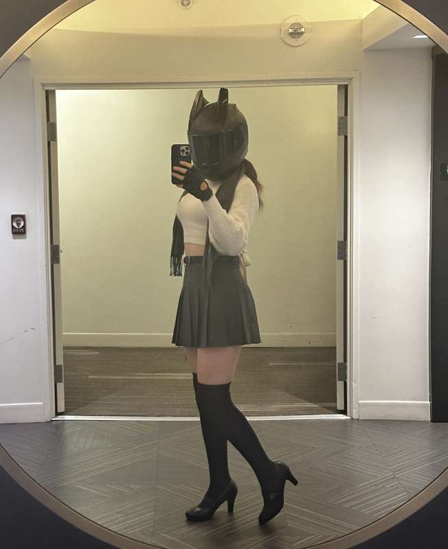 1girl crop_top female female_only fingerless_gloves full_body fully_clothed gloves heels high_heels image instagramer lamotogirl mirror mirror_selfie motorcycle_helmet patreon selfie sfw skirt solo solo_focus tagme thighhighs tiktoker youtuber