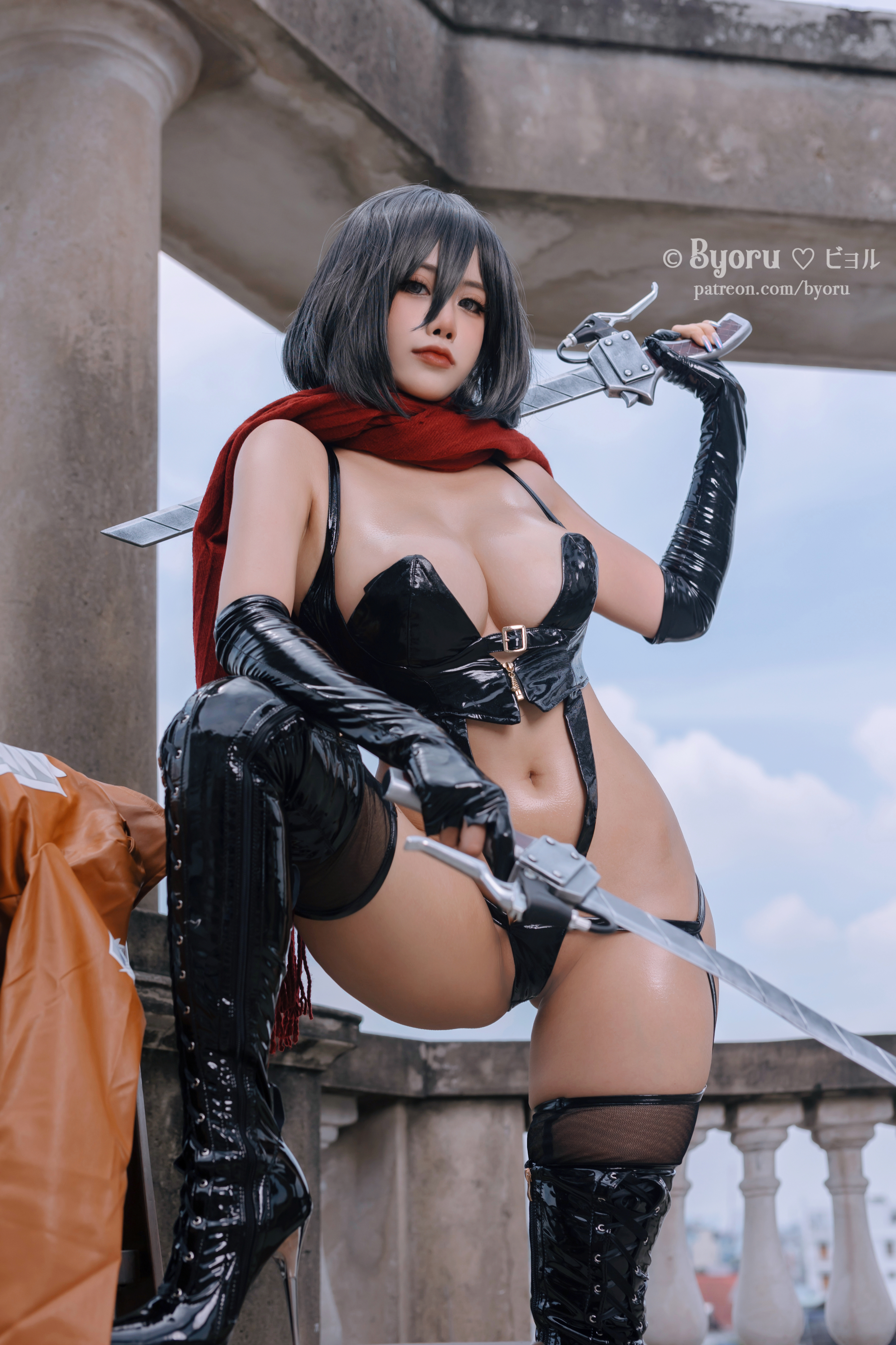1girl asian asian_female big_breasts breasts byoru cosplay dark_hair female front_view mikasa_ackerman solo white_female