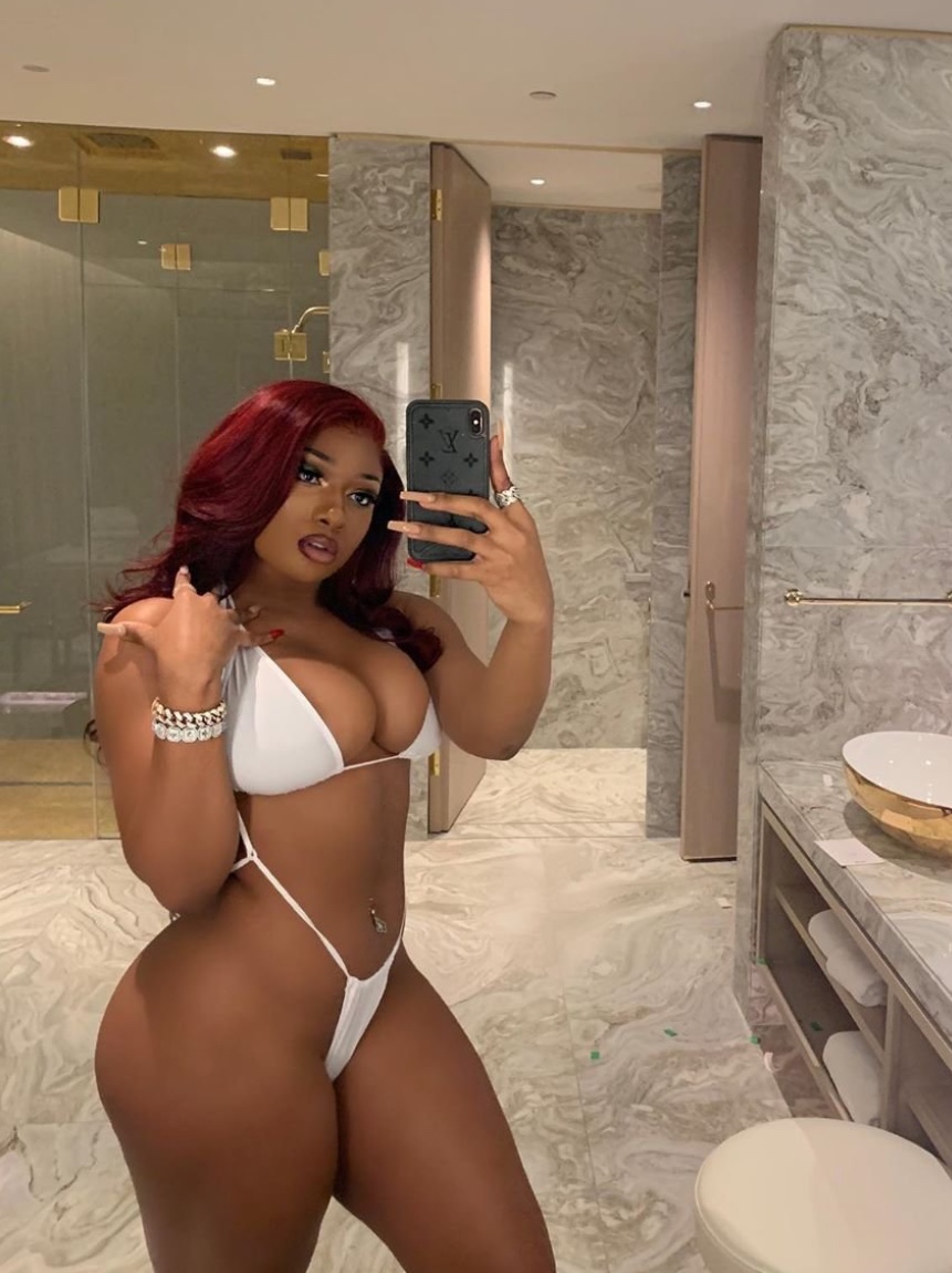 1girl bathroom black_female bra bracelet breasts celebrity curvy dark-skinned_female dark_skin ebony eyelashes eyeshadow female female_only full_lips indoors legs lipstick long_nails megan_thee stallion milf musician navel navel_piercing non-nude phone posing ring selfie solo sourced standing stomach thick thick_thighs thong toned wide_hips