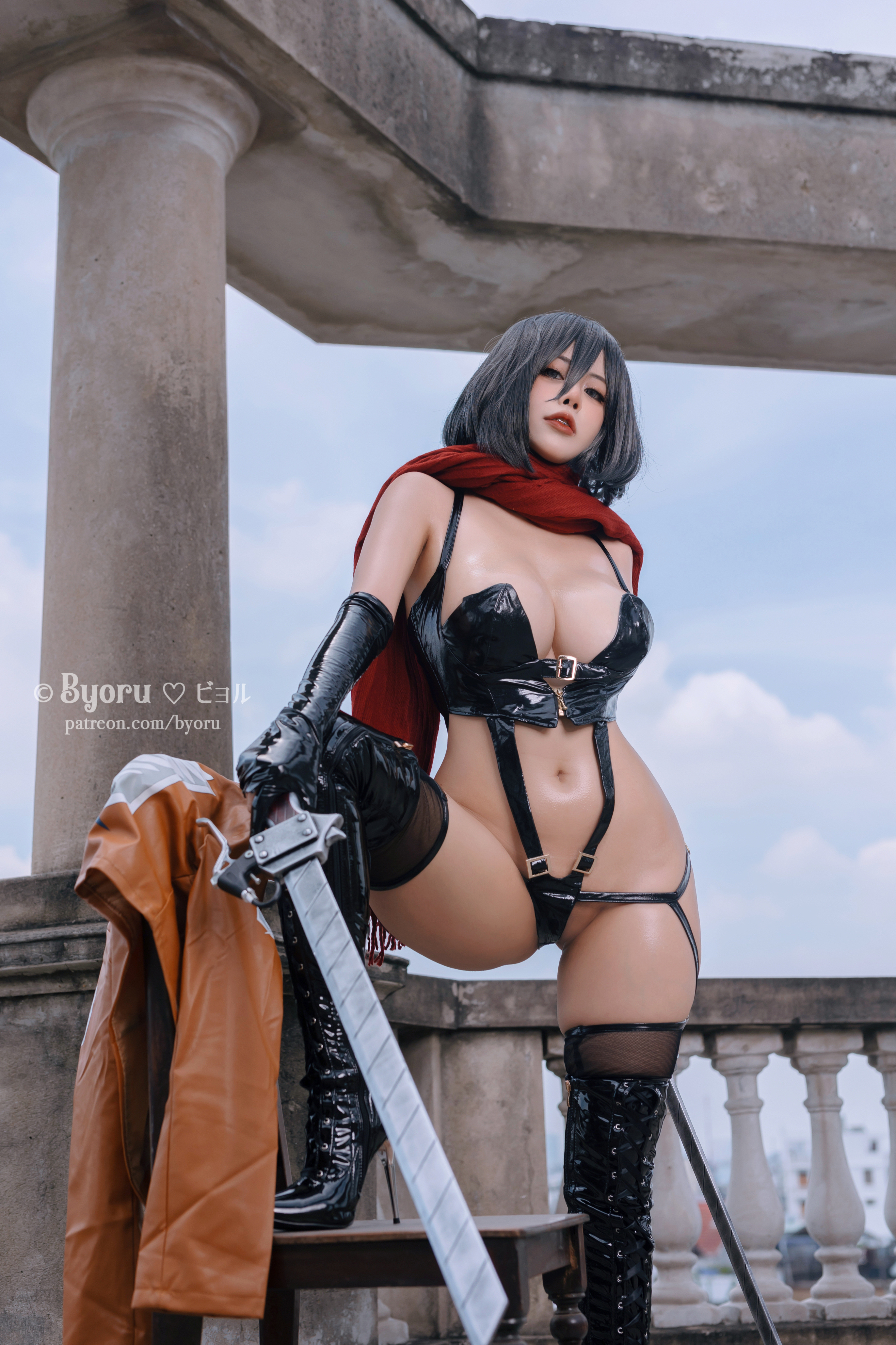 1girl asian asian_female big_breasts breasts byoru cosplay dark_hair female front_view mikasa_ackerman solo white_female