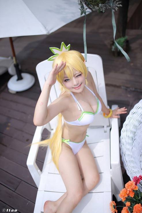 1girl asian bikini blonde_hair blue_eyes cleavage cosplay korean leafa midriff navel outside pointy_ears rumi swimsuit sword_art_online wig