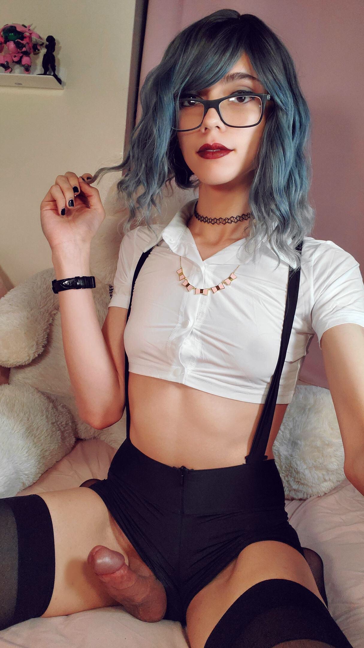 balls blue_hair breasts choker glasses looking_at viewer midriff mstesss nail_polish nipples_visible through clothing partially_clothed penis penis_out red_lipstick see-through short_shorts sitting solo spread_legs stockings suspenders thighhighs transgender white
