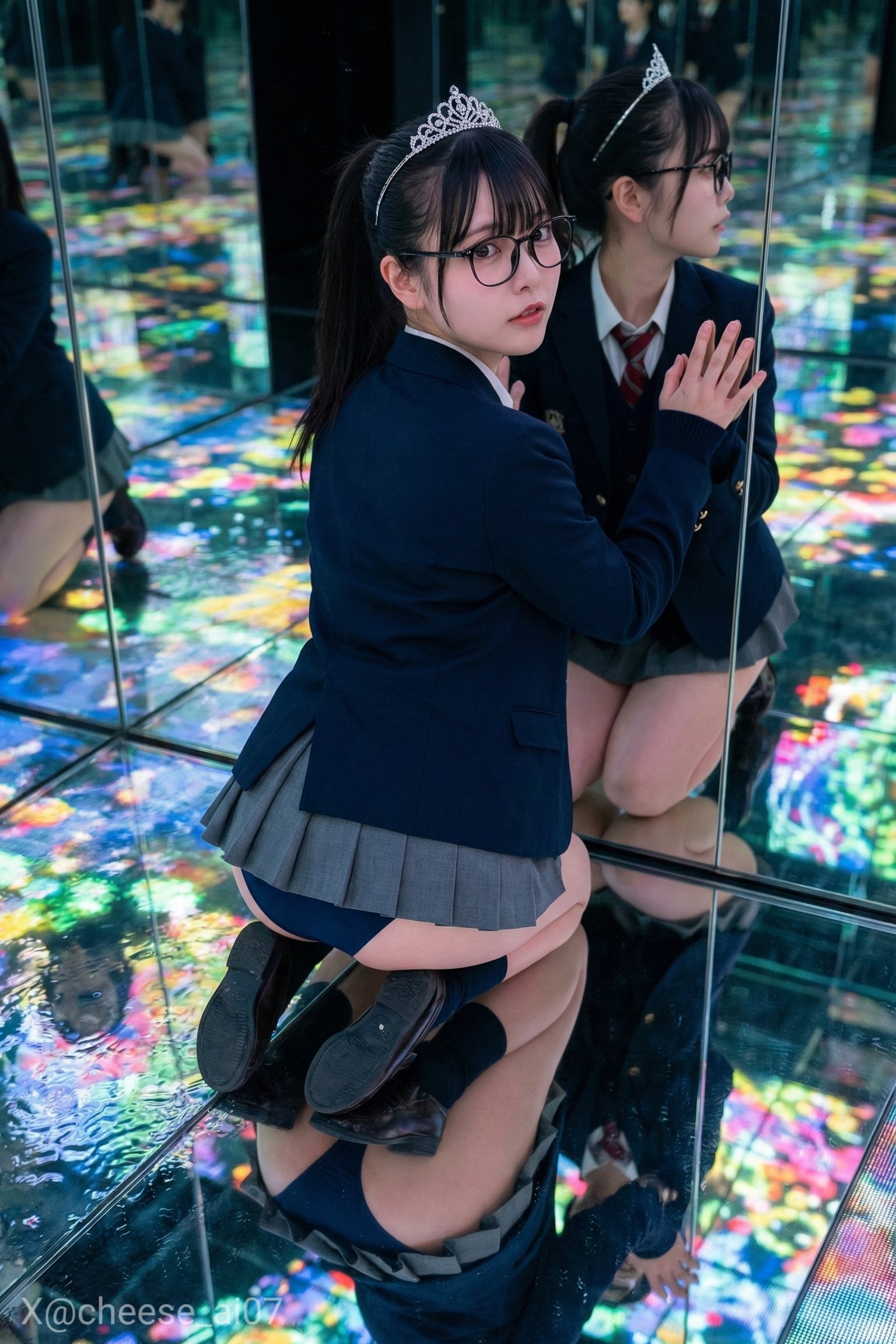 1girl asian asian_female cheese_ai07 clothed clothed_female female female_focus female_only female_solo glasses japanese japanese_(nationality) japanese_female long_hair mirror panties ponytail school_uniform smile solo solo_female solo_focus