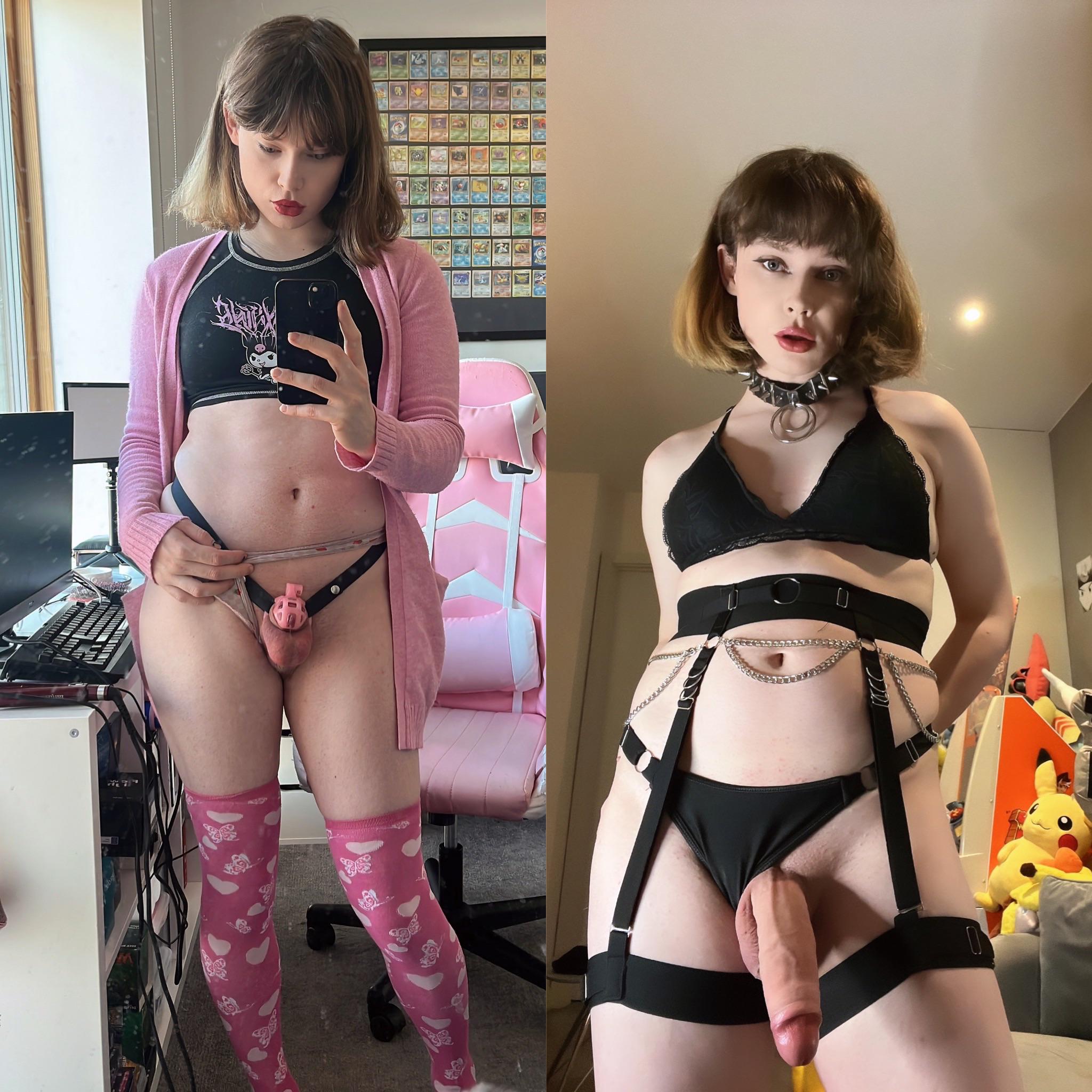 1girl balls bikini brown_hair chastity_cage egirl erect_penis erection goth penis selfie short_hair solo suselida testicles trans_female transgender uncensored