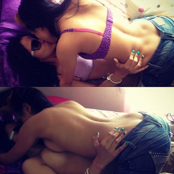 2girls all_fours arm arm_support arms back bare_back bed black_hair bra breast_press breasts female female_only girl_on_top hug hugging indoors inside kiss kissing lesbian long_hair love lying multiple_girls nail_polish on_back pants photo pillow room sideboob sunglasses symmetrical_docking topless torso_grab