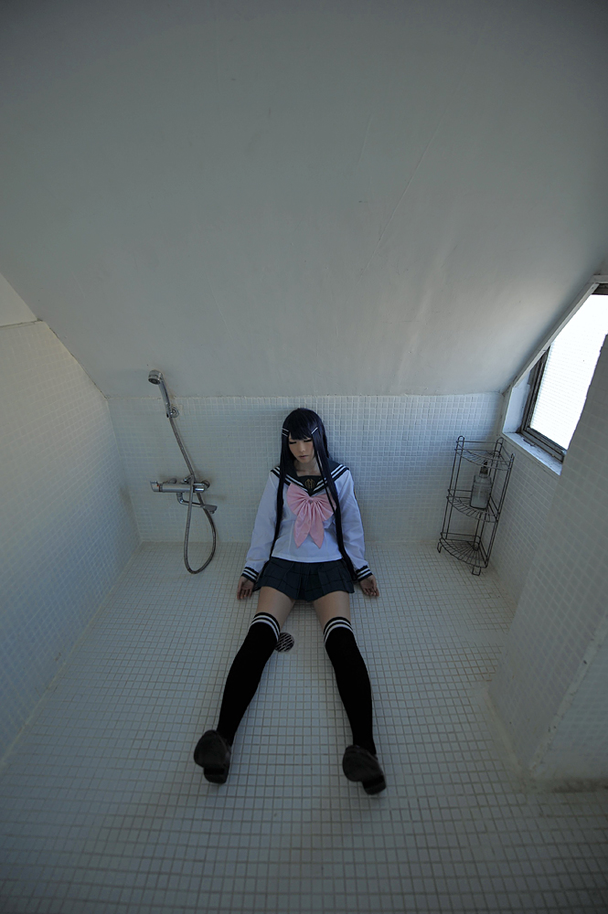 asian blue_hair breasts cosplay danganronpa female long_hair sayaka_maizono skirt solo thighhighs