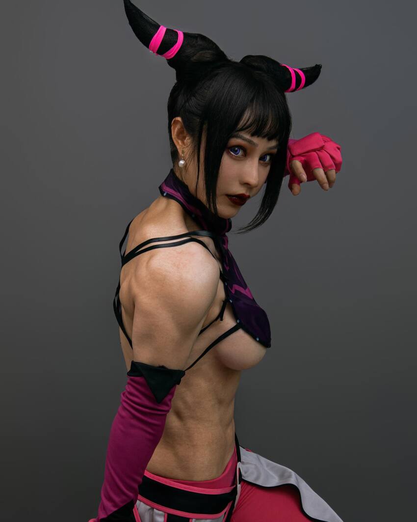 1girl abs asian bangs belt breasts capcom chinese cosplay detached_sleeves earrings fake_breasts female female_only fingerless_gloves gloves grey_background halterneck instagram juri_han large_breasts lipstick muscle muscular_female purple_eyes red_lipstick sideboob sidelocks simple_background solo street_fighter underboob yuan_herong