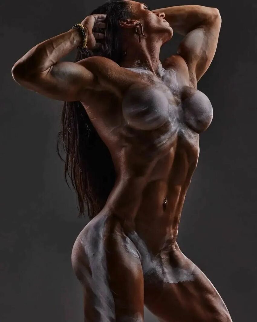 1girl abs biceps breasts brown_hair chalk female long_hair muscular_female muscular_thighs navel navel_piercing nude nude_female thick_thighs veiny_arms