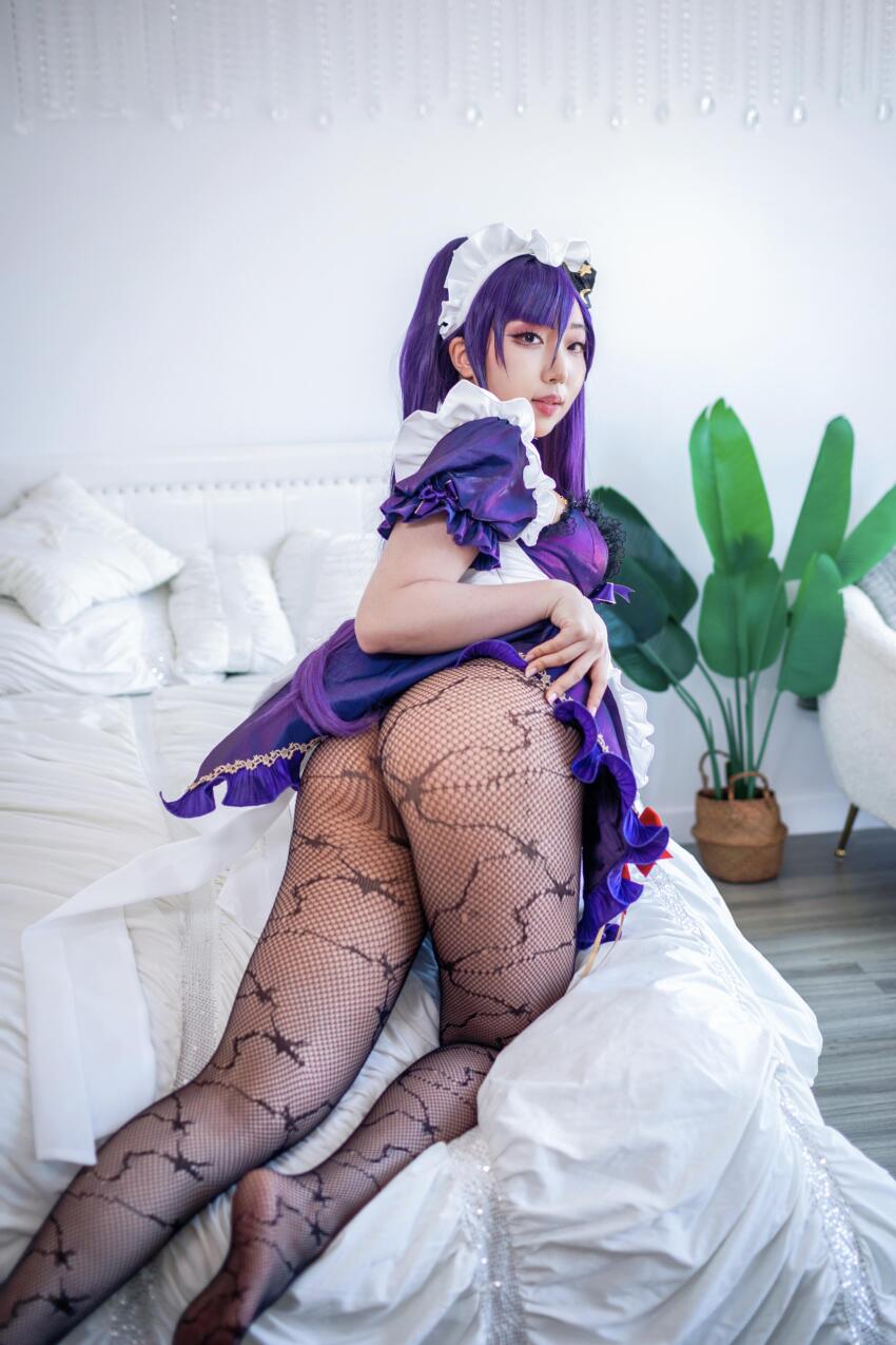 asian ass cosplay dress dress_lift fishnet_pantyhose fishnets genshin_impact mona_(genshin_impact) pantyhose purple_hair