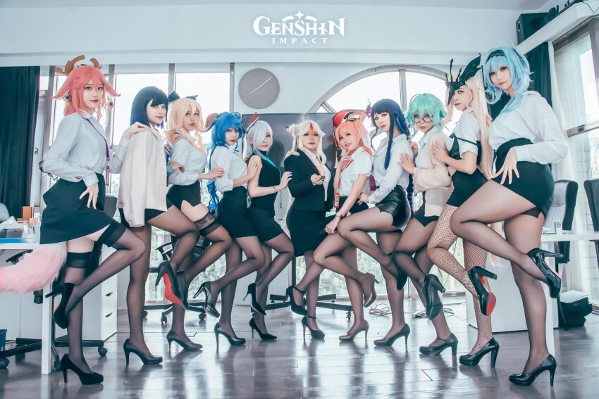 6+girls asian blonde_hair blue_hair cosplay eula_(genshin_impact) female ganyu_(genshin_impact) genshin_impact green_hair grey_hair high_heels jean_(genshin_impact) konkon6927 multicolored_hair multiple_girls ningguang_(genshin_impact) office_lady pantyhose pencil_skirt pink_hair purple_hair raiden_shogun shenhe_(genshin_impact) short_skirt signora_(genshin_impact) skirt stockings sucrose_(genshin_impact) taiwanese yae_miko yanfei_(genshin_impact) yelan_(genshin_impact)