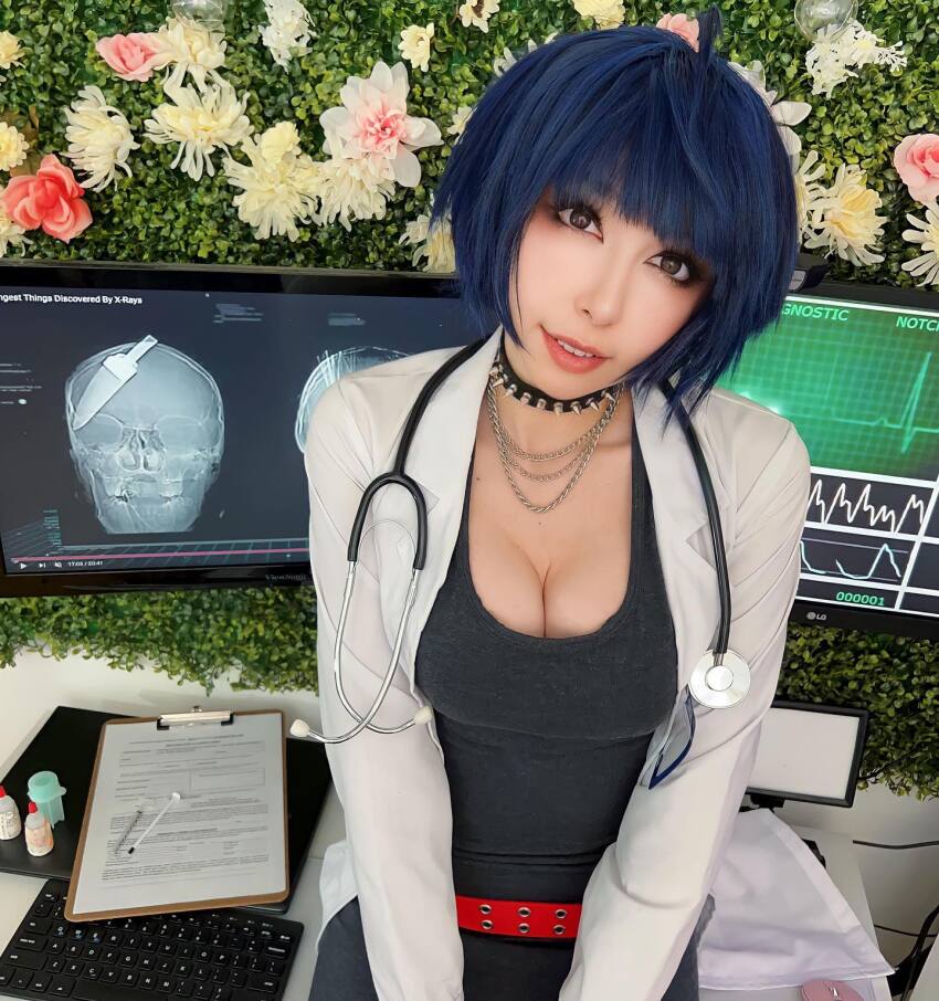 1girl atlus blue_hair choker cleavage cosplay doctor female female_only lap_coat persona persona_(series) persona_5 spiked_collar tae_takami tagme