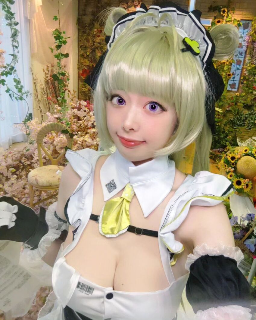 1girl asian asian_female blonde_hair cleavage cosplay female goddess_of_victory:_nikke large_breasts light-skinned_female light_skin looking_at_the_viewer maid maid_headdress maid_uniform purple_eyes selfie soda_(nikke)