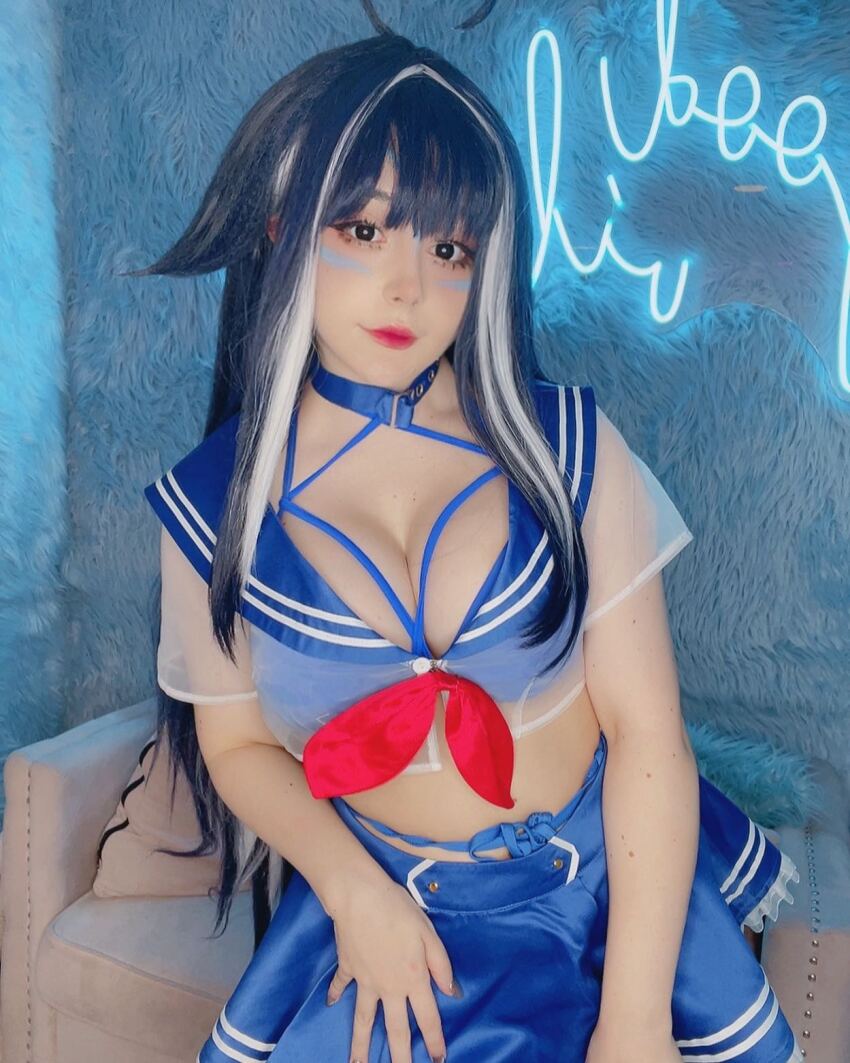 blue_hair cleavage cosplay female large_breasts myuumarie sailor_uniform shylily vtuber