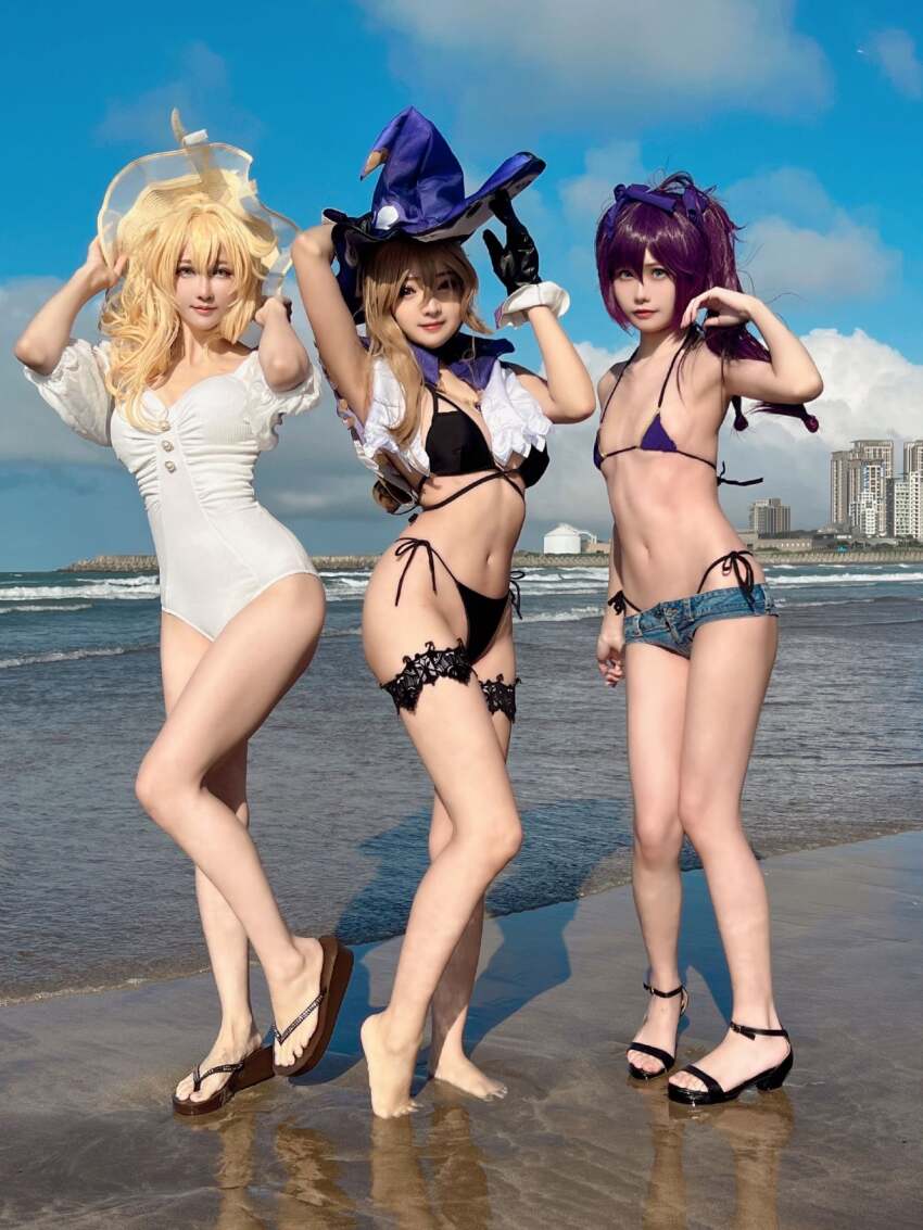 3girls asian beach bikini blonde_hair brown_hair cosplay denim denim_shorts feet genshin_impact jean_(genshin_impact) lisa_(genshin_impact) micro_bikini mona_(genshin_impact) multiple_girls one-piece_swimsuit outside purple_hair sandals sea swimsuit tagme toes witch_hat