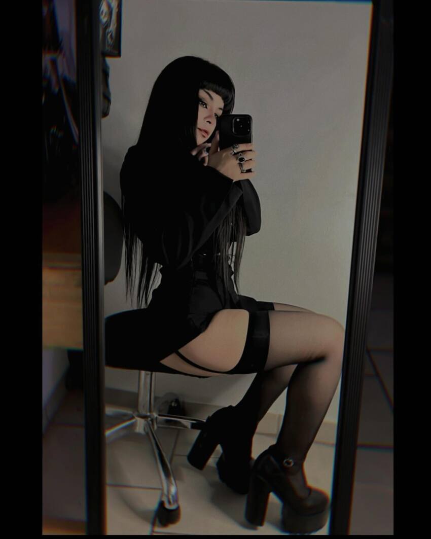 1girl black_hair clothed female garter_straps goth high_heels long_hair mirror mirror_selfie selfie solo stockings thighhighs