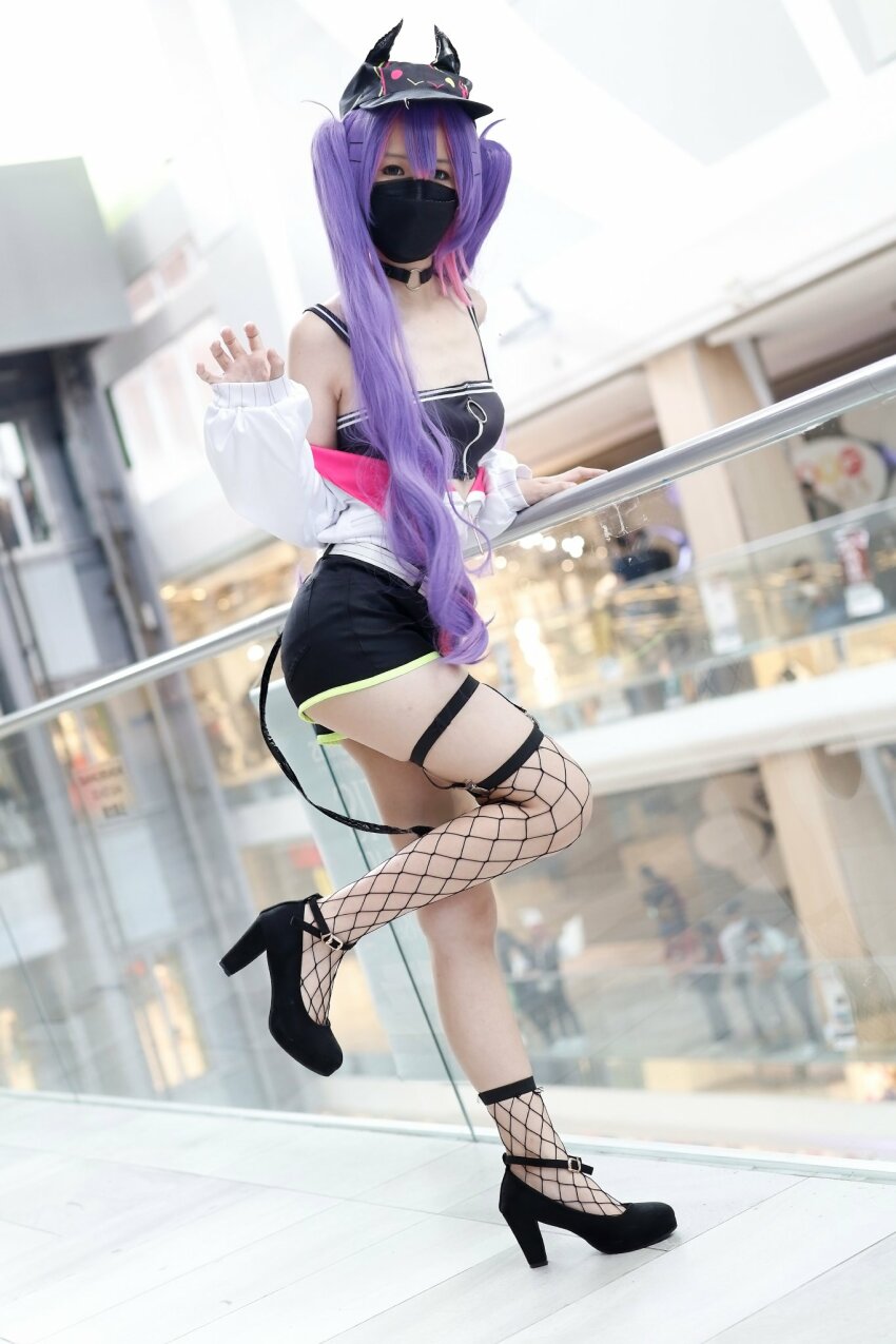 1girl asian asian_female contact_lens cosplay crop_top face_mask facemask female female_focus female_only hat hololive jacket mask petite purple_hair shorts sole_female tokoyami_towa vtuber wig