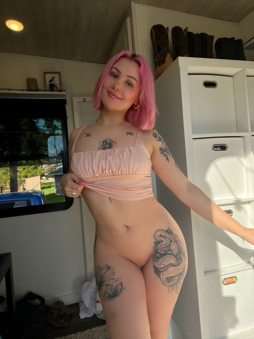 bottomless cute dress dress_lift earrings female leezapeach piercing piercings pink_hair pussy ring smile solo tagme tattoo tattoos