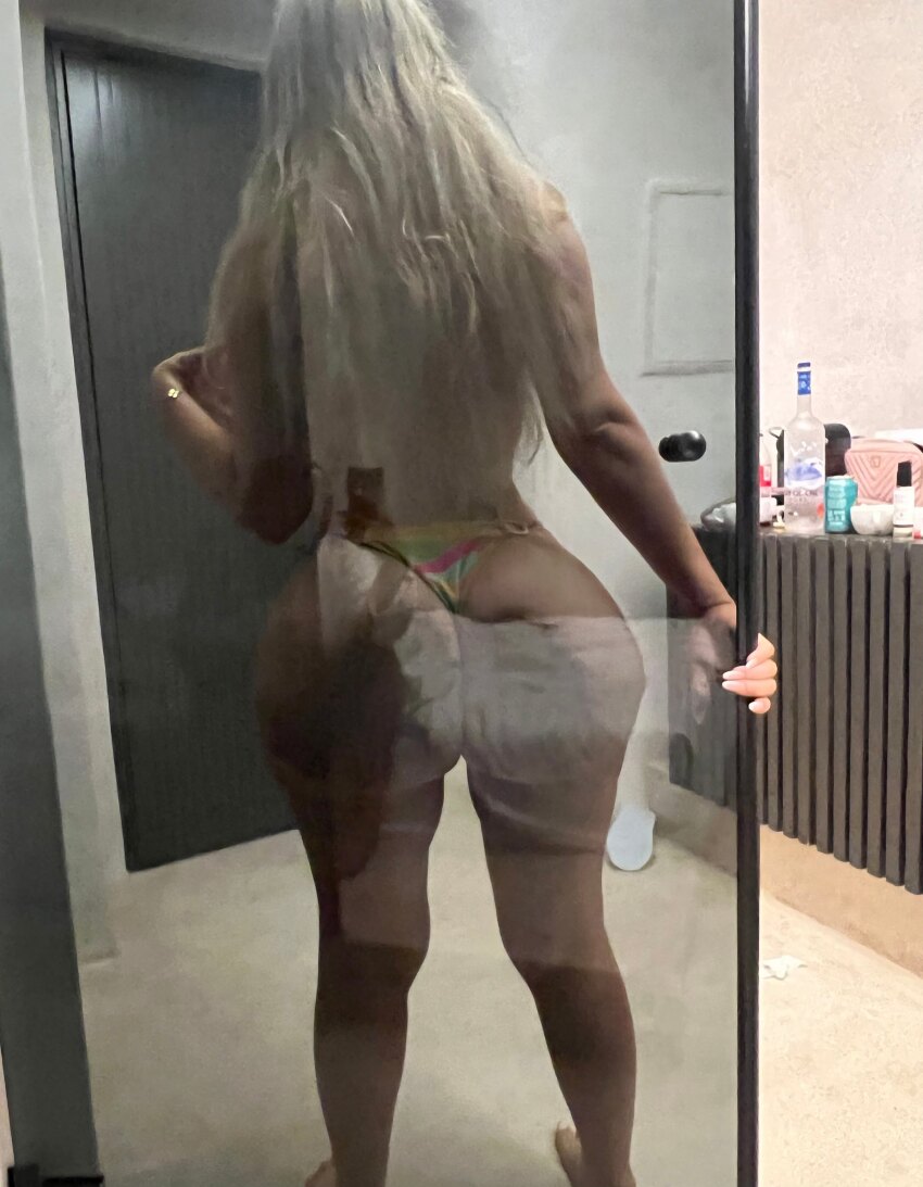 1girl ass bathroom big_ass blonde_hair bootybyshel curvy curvy_figure huge_ass long_hair non-nude string_panties white white_female