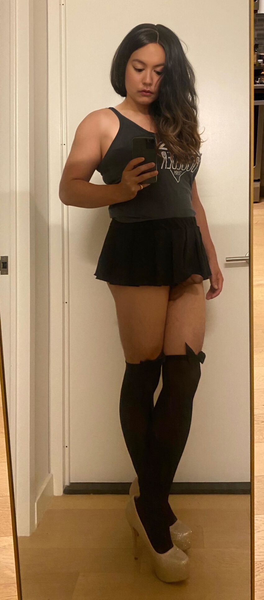 alliemaecd clitty glitter high_heels mirror_selfie msalliemae selfie sissy skirt skirt_pulled_up stockings tgirl transgirl trap