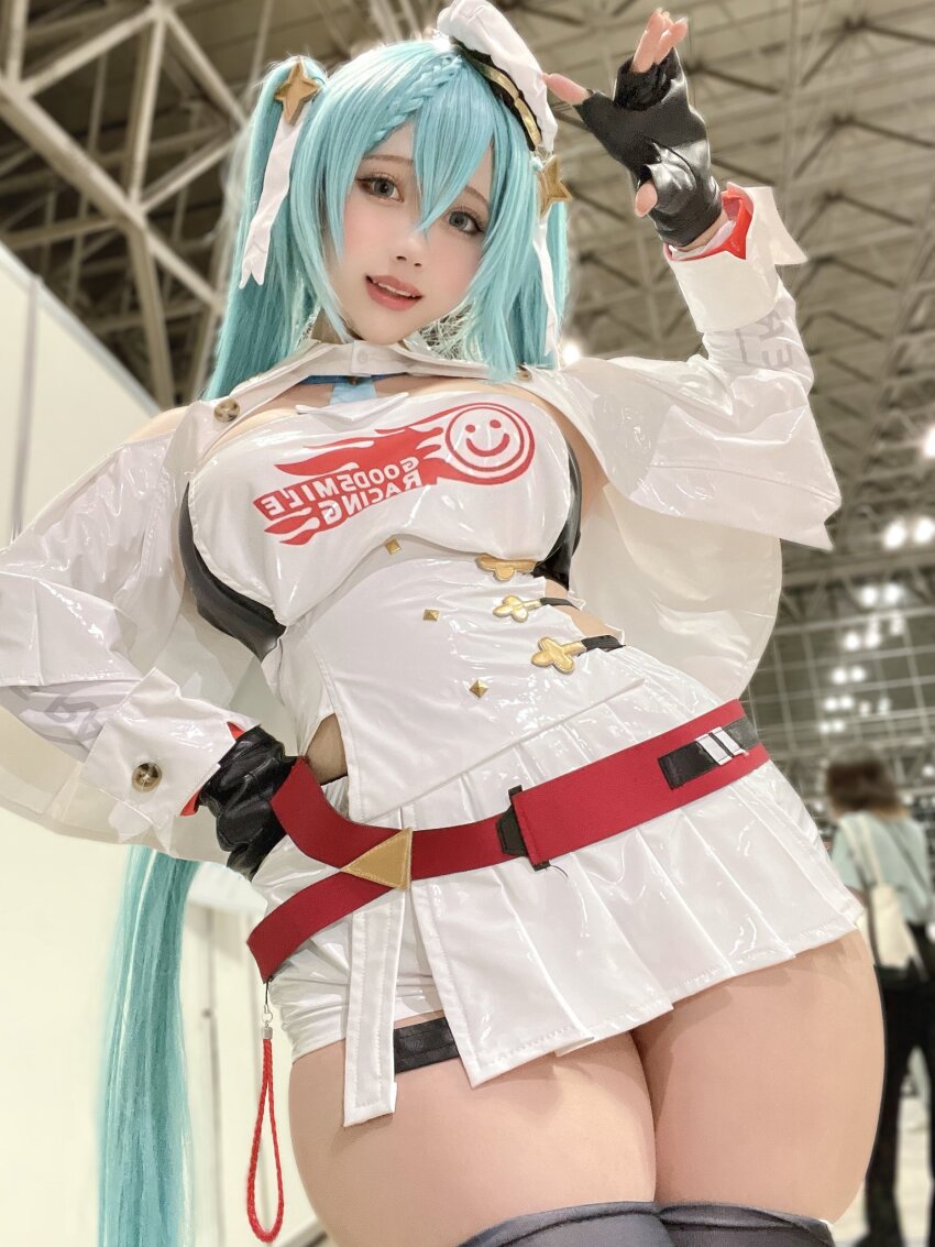 1girl armpits blue_hair bodysuit cosplay female_focus hatsune_miku highres long_hair miniskirt skirt solo thick_thighs thighs white_skirt