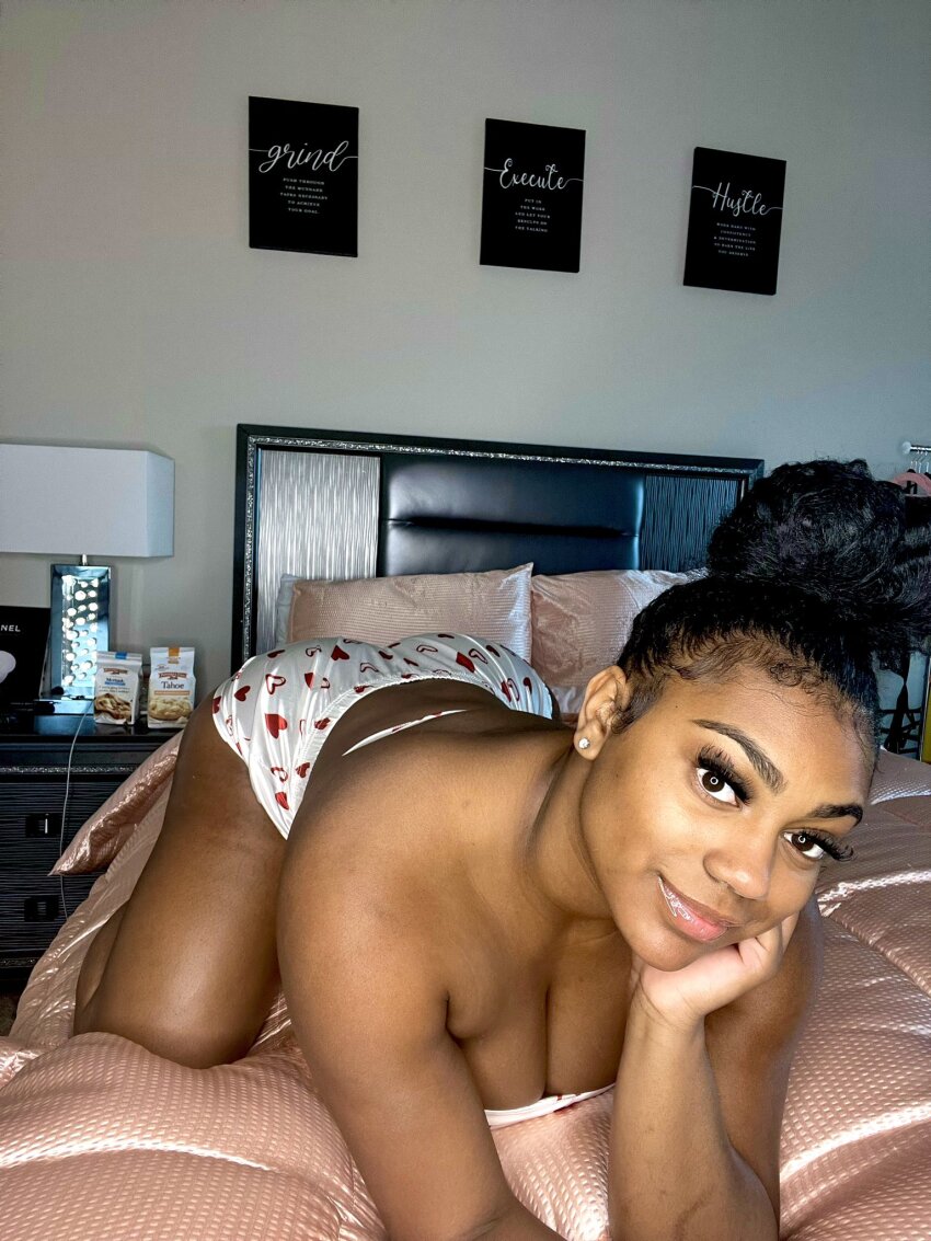 1girl all_fours ass bed bedroom black_female black_hair breast_press breasts dark-skinned_female dark_skin female female_focus female_only female_solo huge_ass huge_breasts kiera_nicole long_hair looking_at_viewer on_bed partially_clothed solo solo_female solo_focus