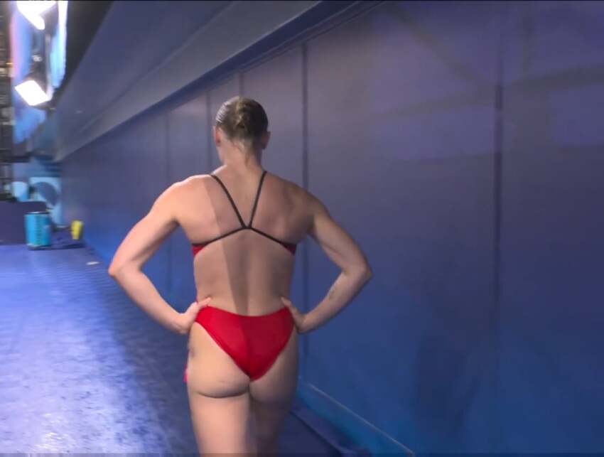 1girl 2024 american american_athlete american_female ass athlete back back_view backside booty butt delaney_schnell diver faceless_female female female_only from_behind hand_on_hip olympics red_bikini red_underwear sfw solo solo_female summer_olympics summer_olympics_2024 walking