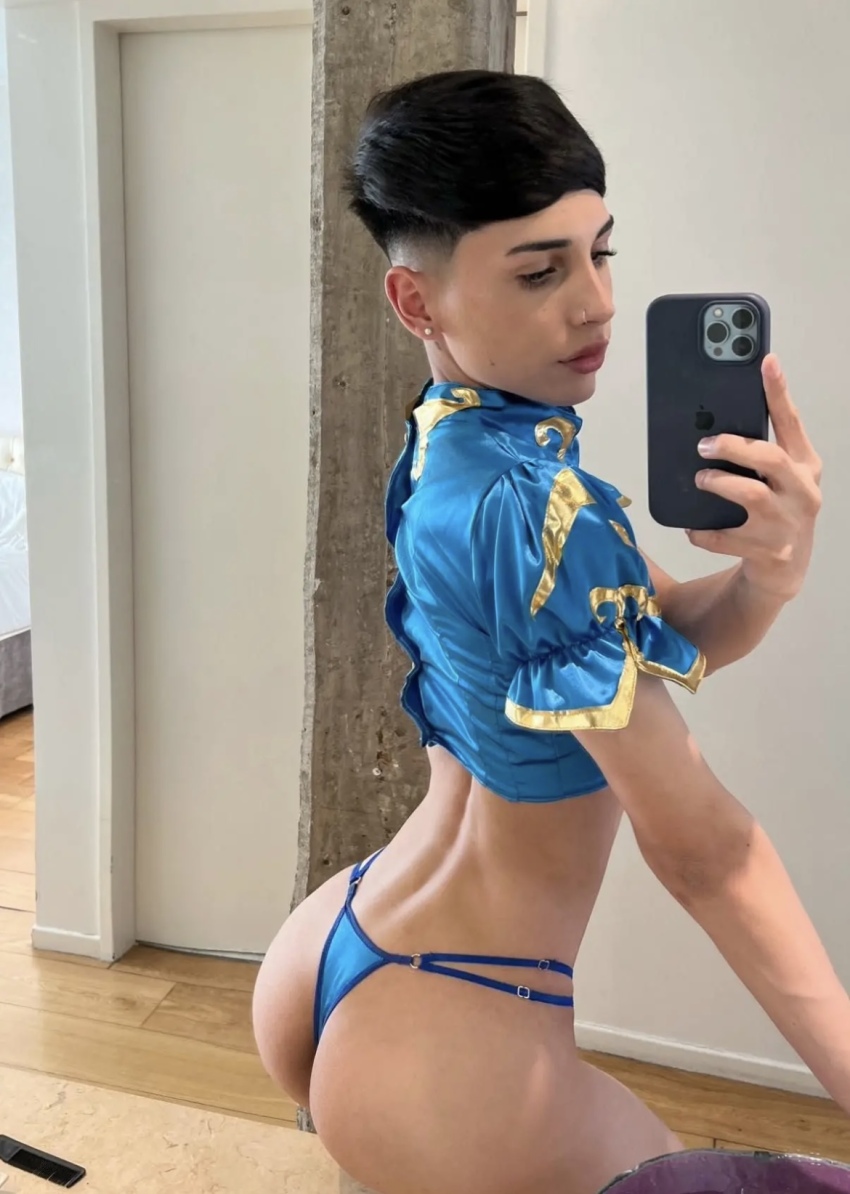 1boy arched_back ass blue_thong chun-li chun-li_(cosplay) cosplay crossdresser cute dat_ass earrings eyelashes full_lips gay long_eyelashes mirror_selfie nose_piercing pierced_nose piercing ppablobaby presenting_ass selfie short_hair street_fighter thick_lips thong twink