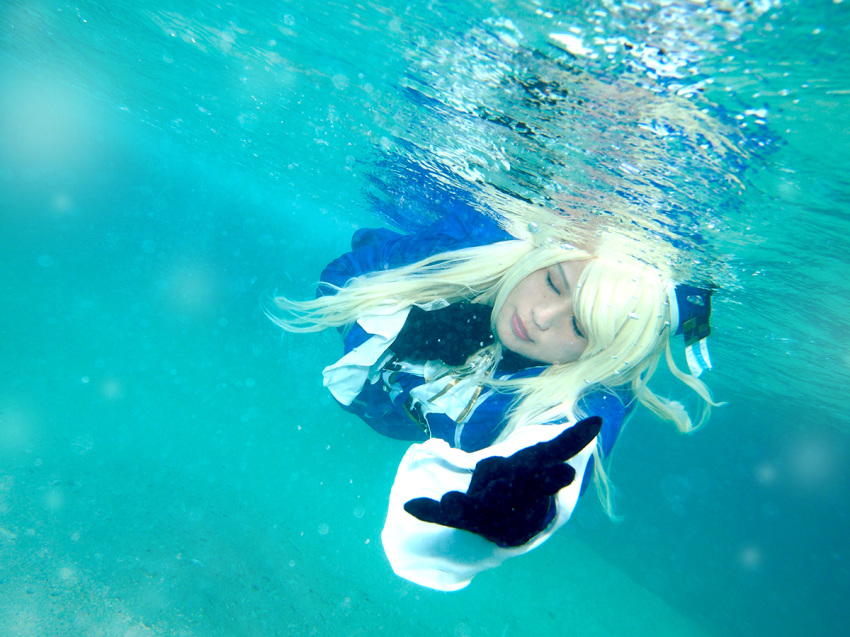 asian beach blonde_hair breasts chouzuki_maryou cosplay female gloves hat huge_breasts long_hair pantyhose shoes solo underwater water watermark wet