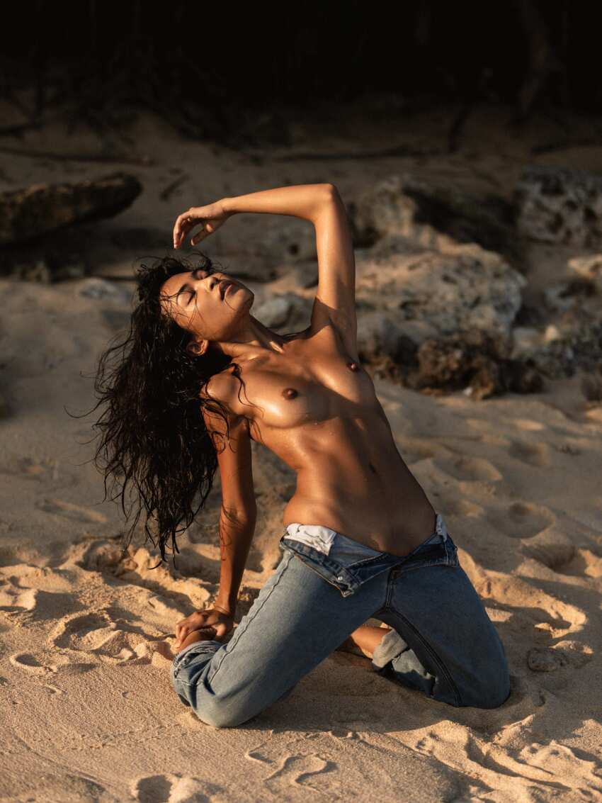 1girl asian asian_female beach black_hair boobs breasts brown-skinned_asian closed_eyes dark_hair ezrabel jeans jeans_only nipples outdoors outside partially_clothed photo sand sea_asian shiny shiny_body shiny_skin small_breasts solo solo_female solo_focus south-east_asian topless wet wet_body wet_hair wet_skin