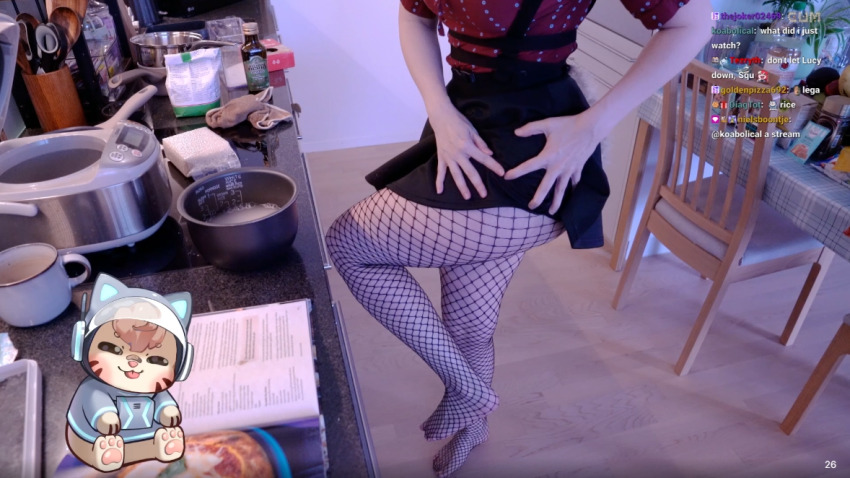 1girl ass barefoot clothed clothed_female cooking feet fishnets hungarian kitchen livestream presenting showing_off skirt skirt_lift squchan streamer thick_thighs thighs twitch_streamer vtuber