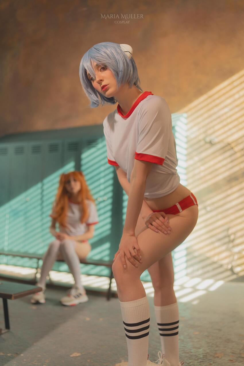 2girls asuka_langley_sohryu blue_hair cosplay gym_uniform maria_muller multiple_girls neon_genesis_evangelion orange_hair rei_ayanami russian sib.mouse sitting standing tattoo