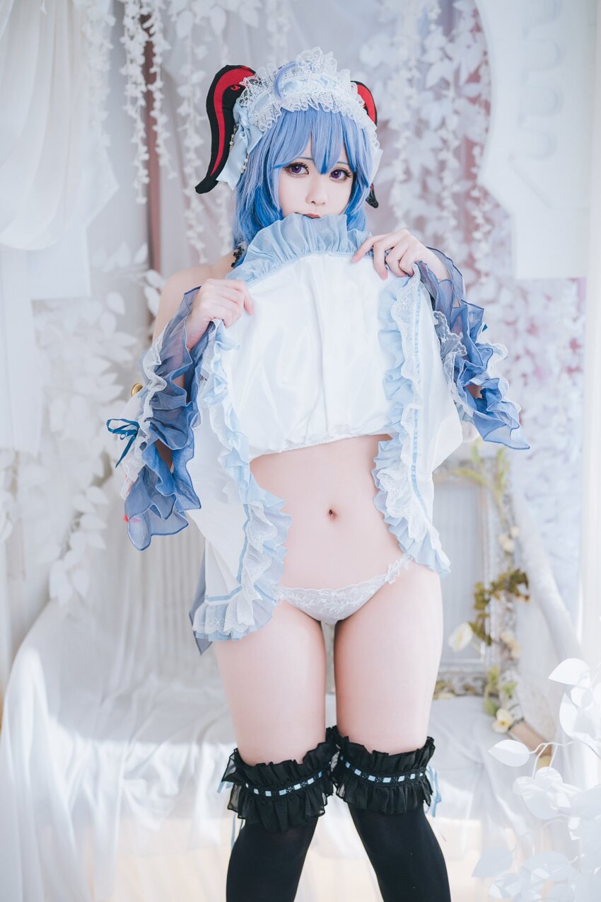 1girl asian blue_hair cosplay dress_lift dress_lifted_by_self ganyu_(genshin_impact) genshin_impact horns konkon6927 midriff navel panties standing taiwanese thigh_gap thighhighs