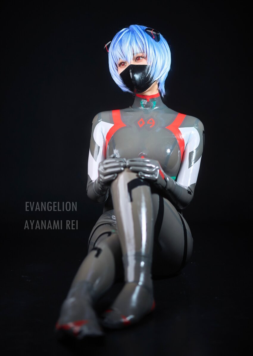 1girl asian blue_hair cosplay facemask glico_happy japanese latex neon_genesis_evangelion plugsuit red_eyes rei_ayanami solo