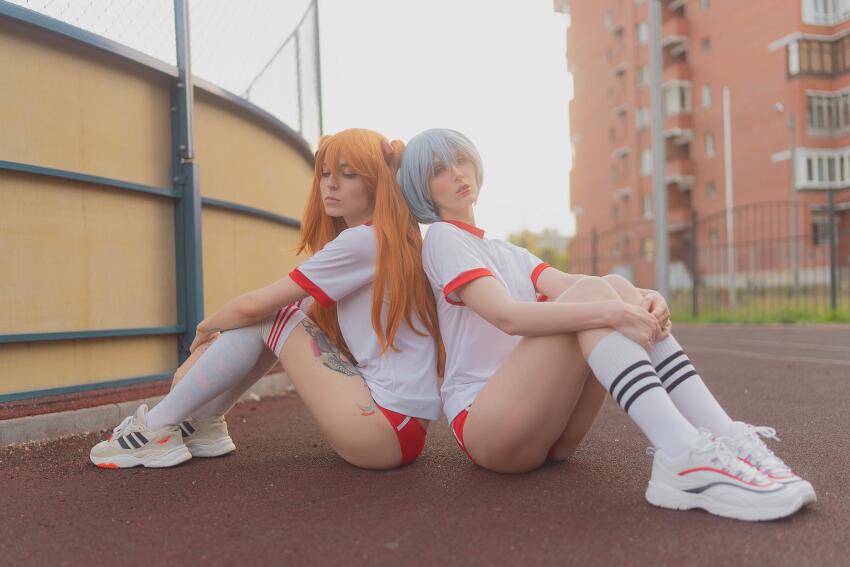 2girls asuka_langley_sohryu back_to_back blue_hair cosplay gym_uniform maria_muller multiple_girls neon_genesis_evangelion orange_hair outside rei_ayanami russian sib.mouse sitting tattoo