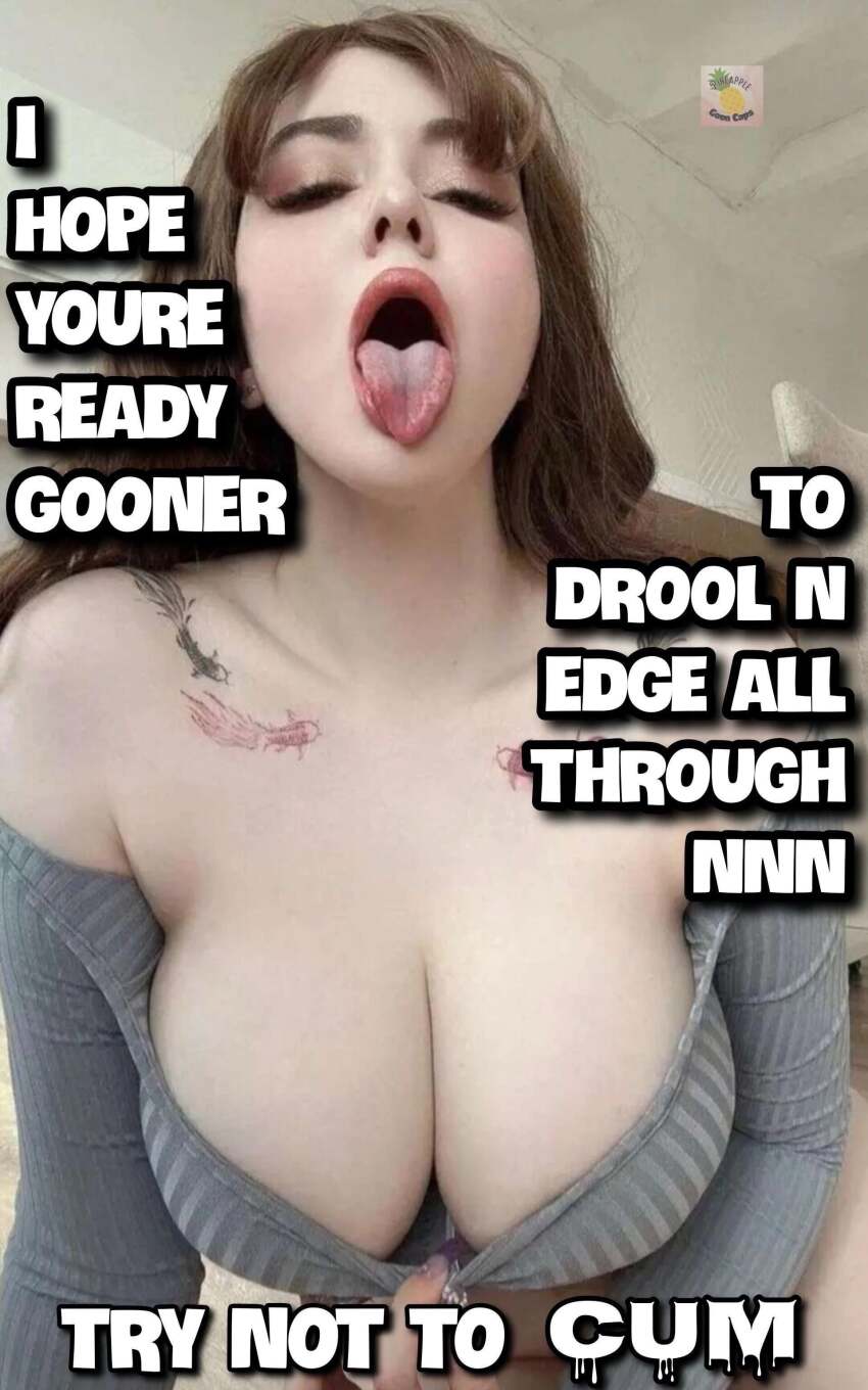 1girl brown_hair caption cleavage goonbait huge_breasts no_nut_november pale-skinned_female tounge_out zipper