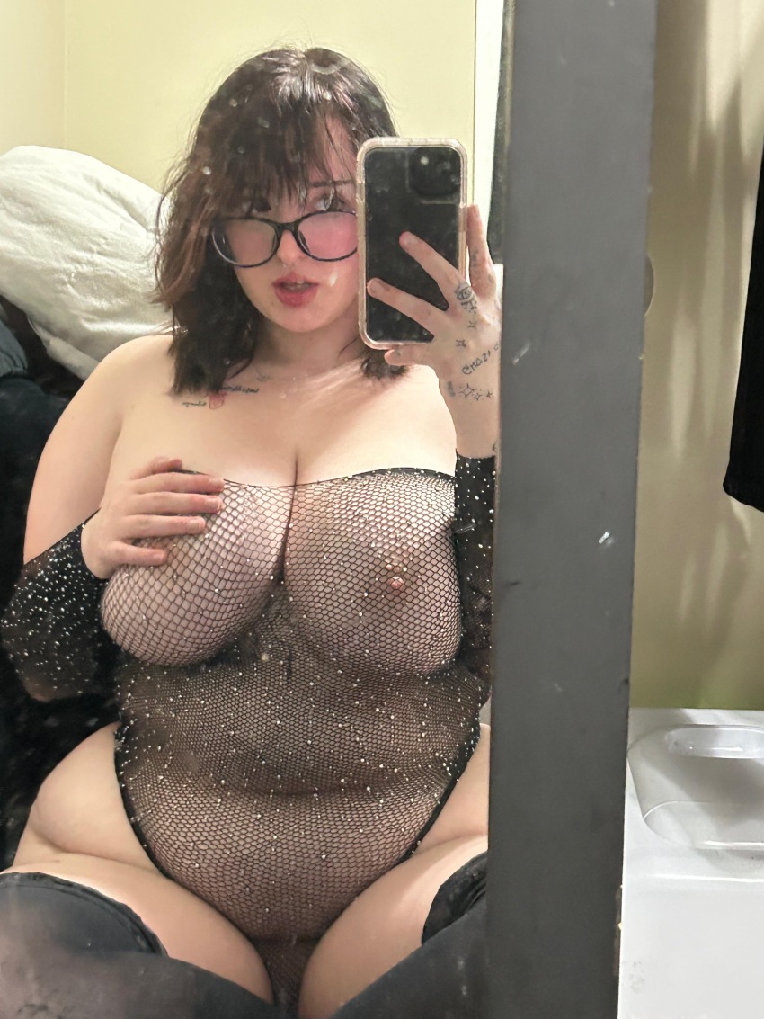 1girl bbw chubby_female female_only fishnet_top glasses haileyybrown hand_on_breast hand_tattoo huge_breasts mirror_selfie photo reddit selfie solo_female tattoos white_female