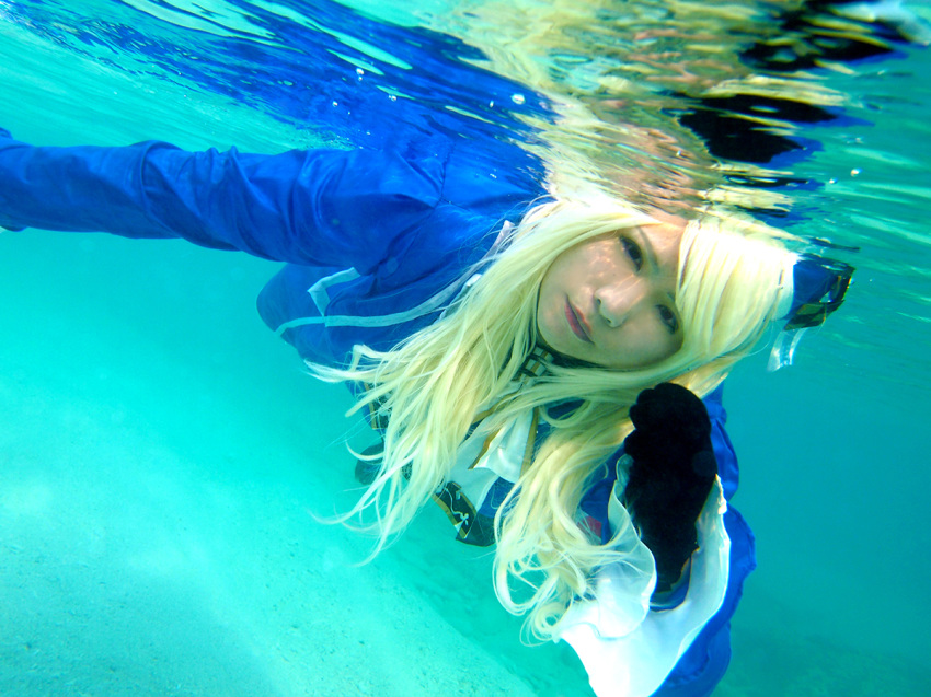 asian beach blonde_hair breasts chouzuki_maryou cosplay female gloves hat huge_breasts long_hair pantyhose shoes solo underwater water watermark wet