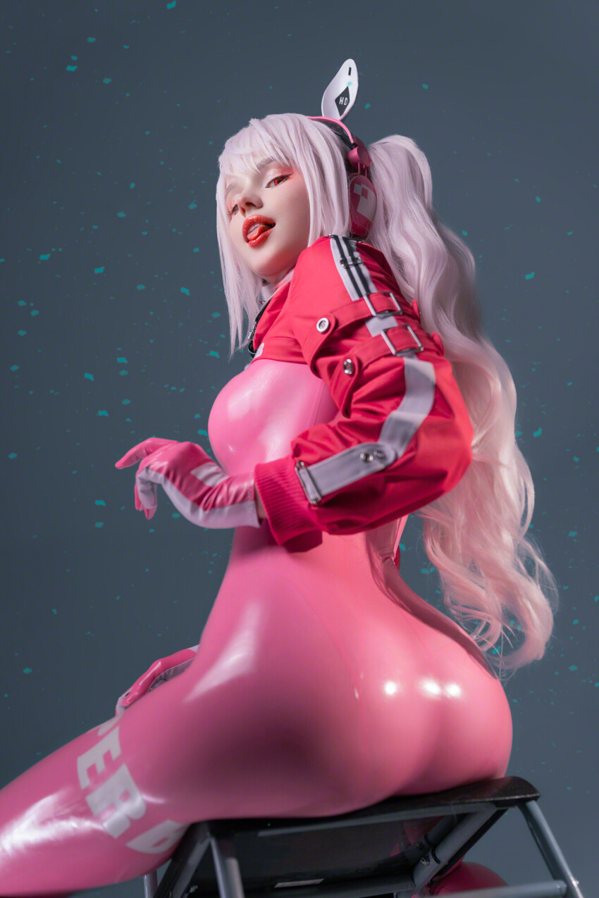 1girl alice_(nikke) ass cosplay goddess_of_victory:_nikke latex looking_back looking_down pink_hair shirogane-sama skintight solo