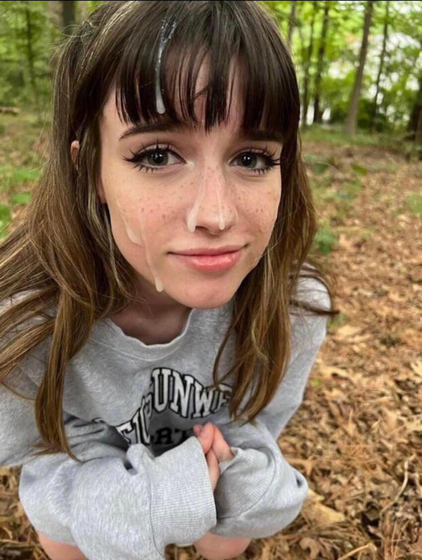 1girl after_sex brunette clothed cum cum_in_hair cum_on_face cute eyelashes forest looking_at_viewer nature non-nude non_nude outdoors outside photo public reddit soogsx sourced sweater trees