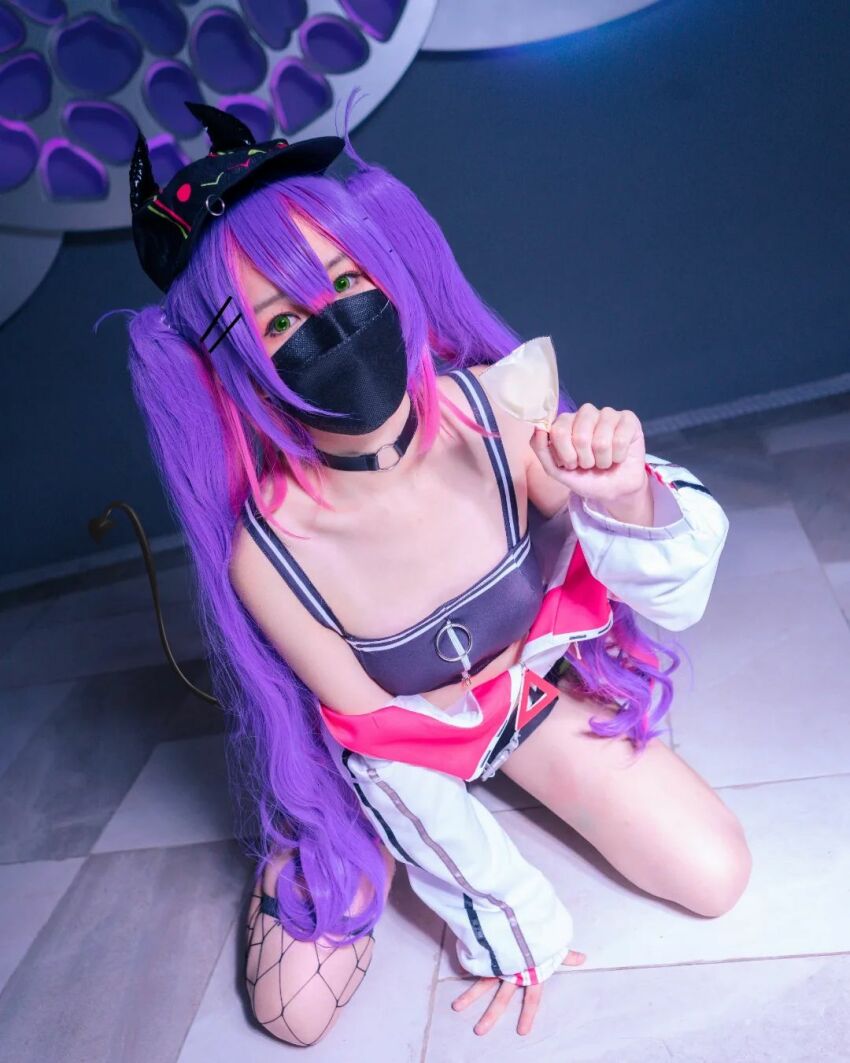 1girl asian asian_female cosplay crop_top face_mask facemask female female_focus female_only hat hololive jacket mask petite purple_hair shorts sole_female tokoyami_towa twintails vtuber wig