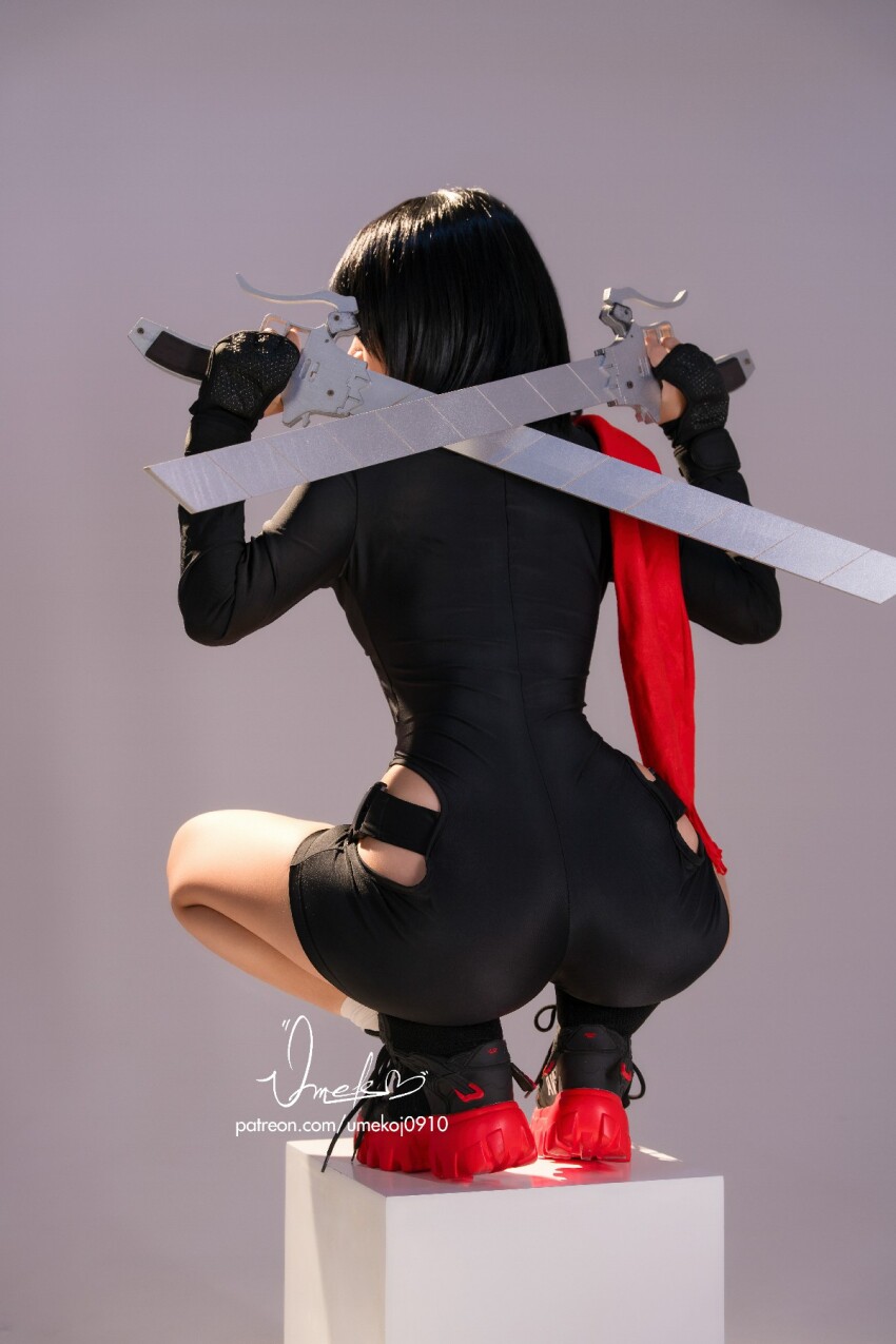 ass attack_on_titan black_hair booty butt cosplay hips mikasa_ackerman scarf shoes solo solo_female solo_focus squatting sword umeko_j watermark