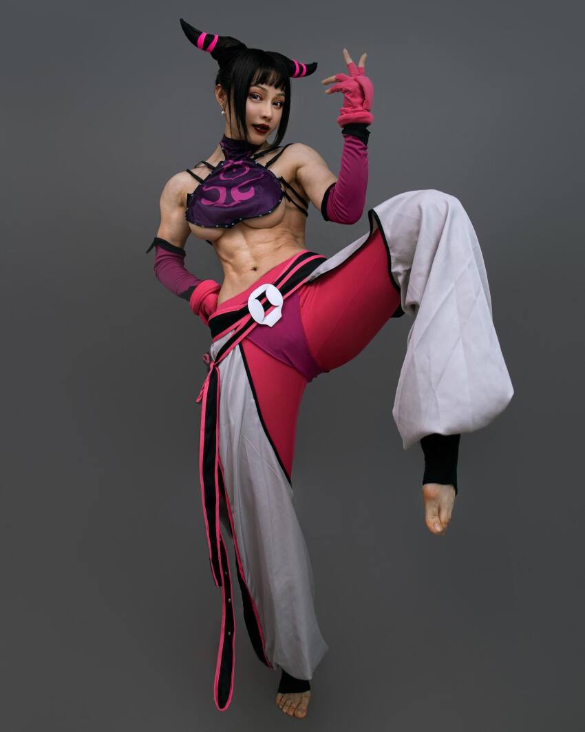 1girl abs asian bangs belt black_hair breasts capcom chinese clothed cosplay detached_sleeves earrings fake_breasts feet female female_only fingerless_gloves gloves grey_background hair_horns halterneck hand_on_hip instagram juri_han large_breasts lipstick looking_at_viewer midriff muscle muscular_female navel pants posing red_lipstick sidelocks simple_background solo standing_on_one_leg street_fighter toeless_socks toes underboob yuan_herong